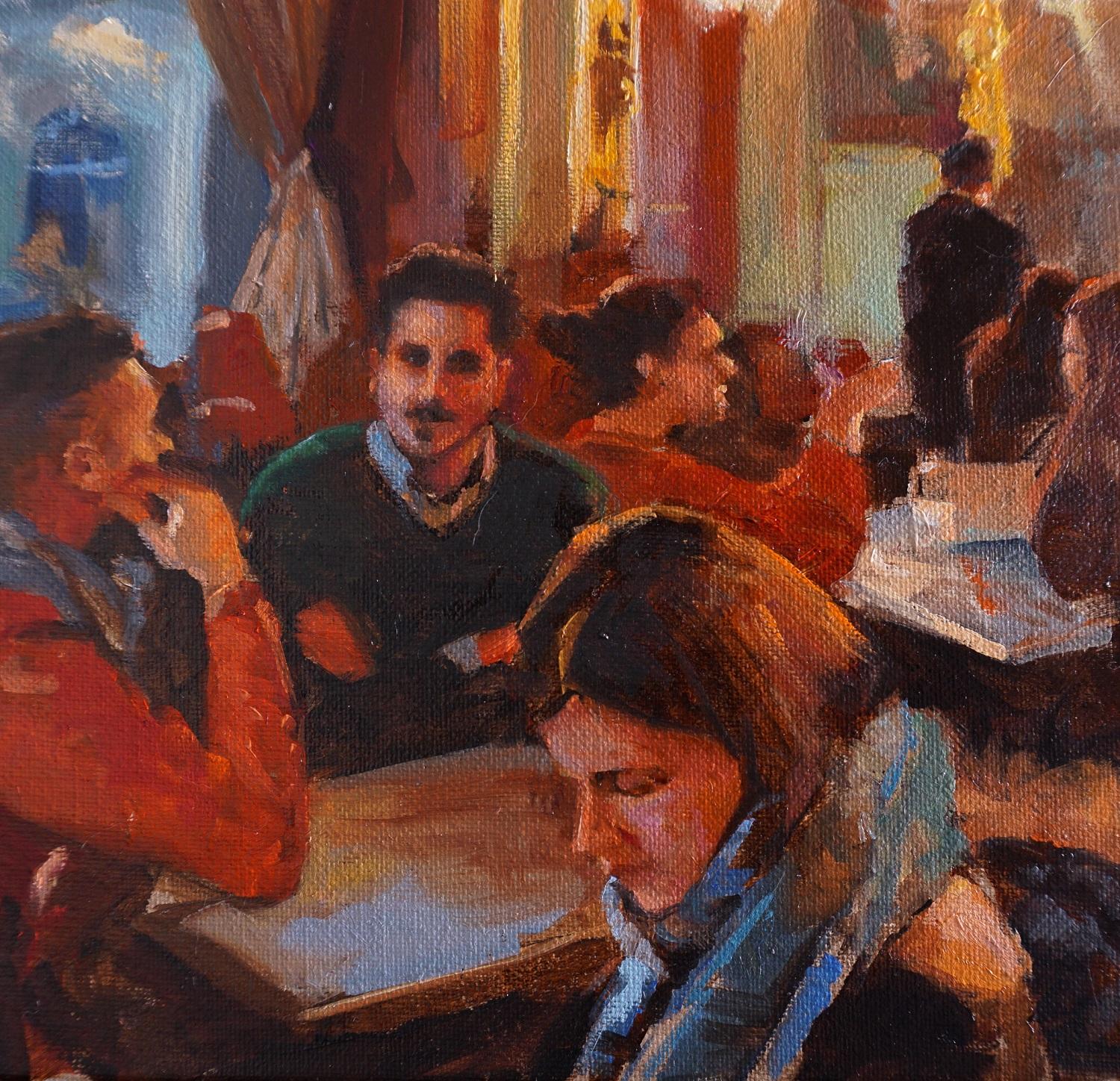 Budapest Cafe in Winter, Oil Painting - Brown Landscape Painting by Jonelle Summerfield