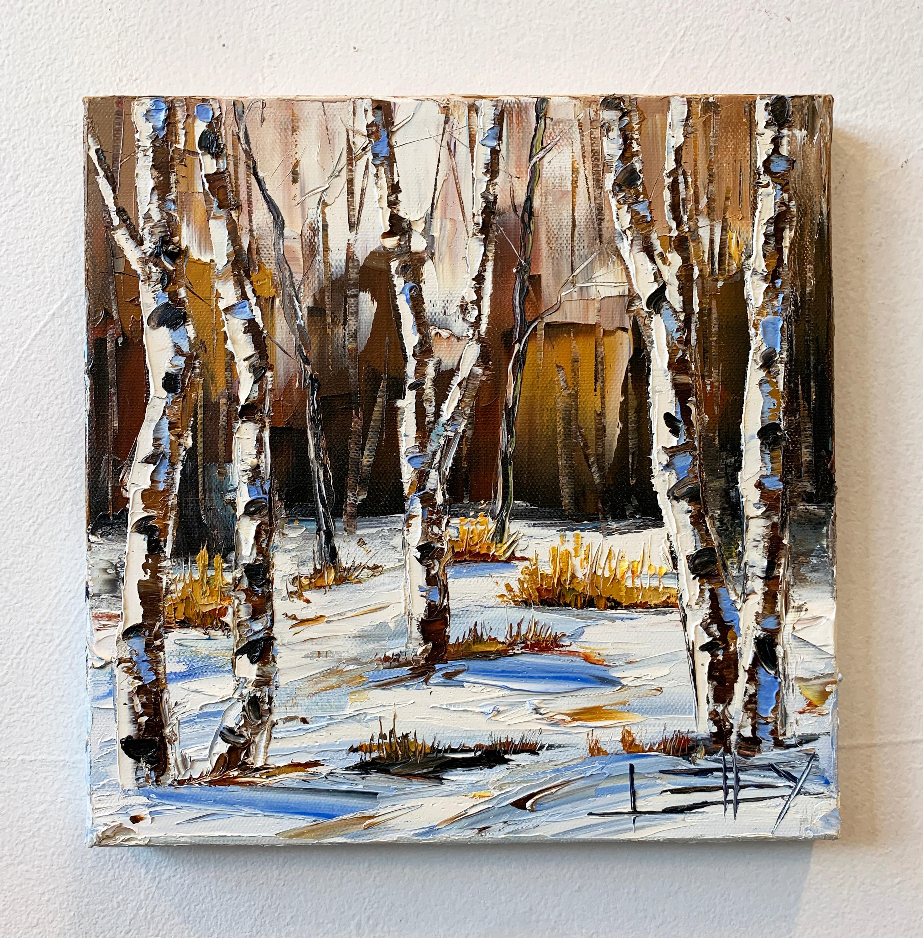 <p>Artist Comments<br />An impressionist forest scene that smartly balances white, browns and touches of cerulean blue. 