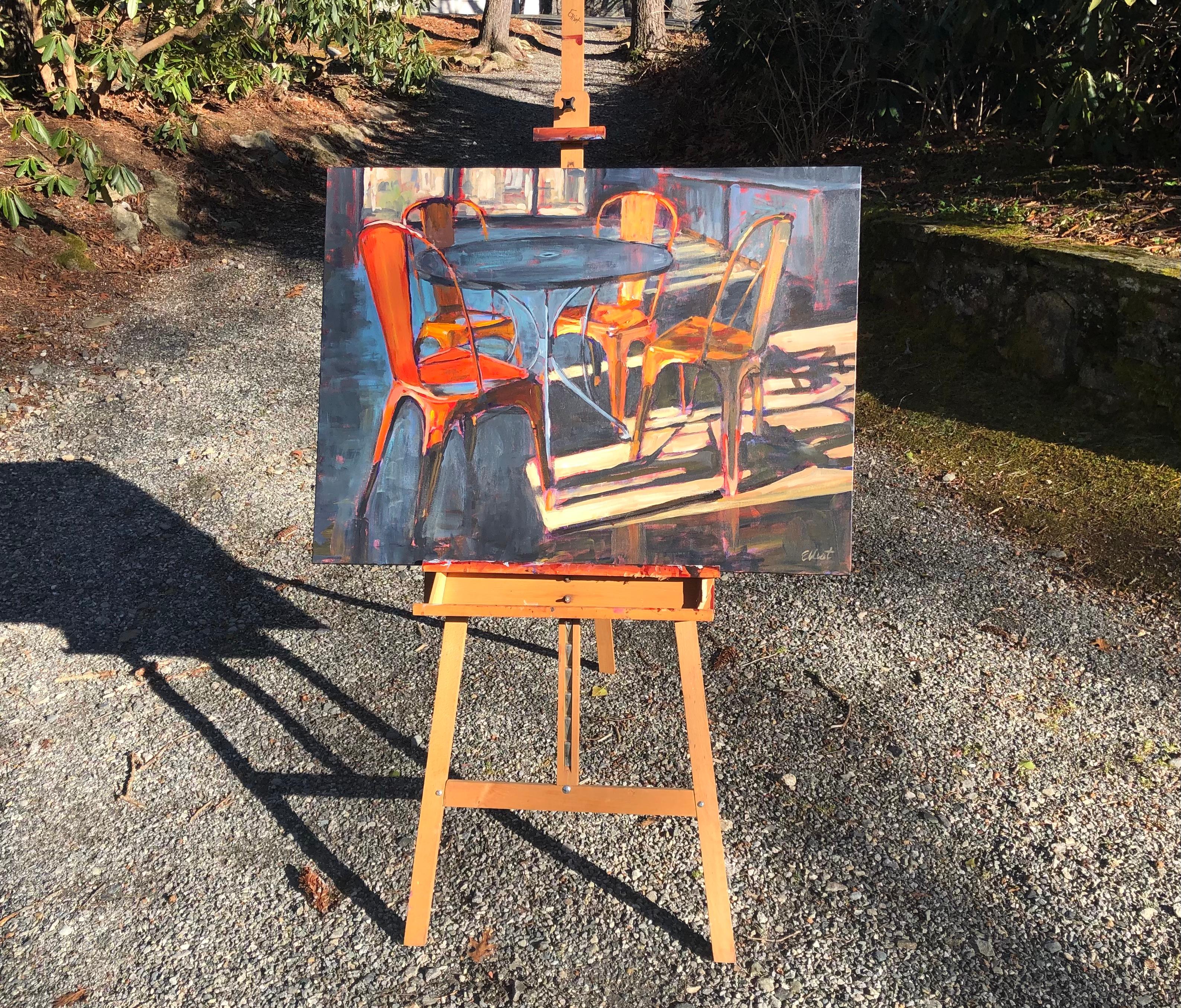 <p>Artist Comments<br />A striking interior scene using a sophisticated pairing of moody grays and blues with fiery oranges. Sunlight pours in through the floor to ceiling windows creating a high contrast with the long shadows.
