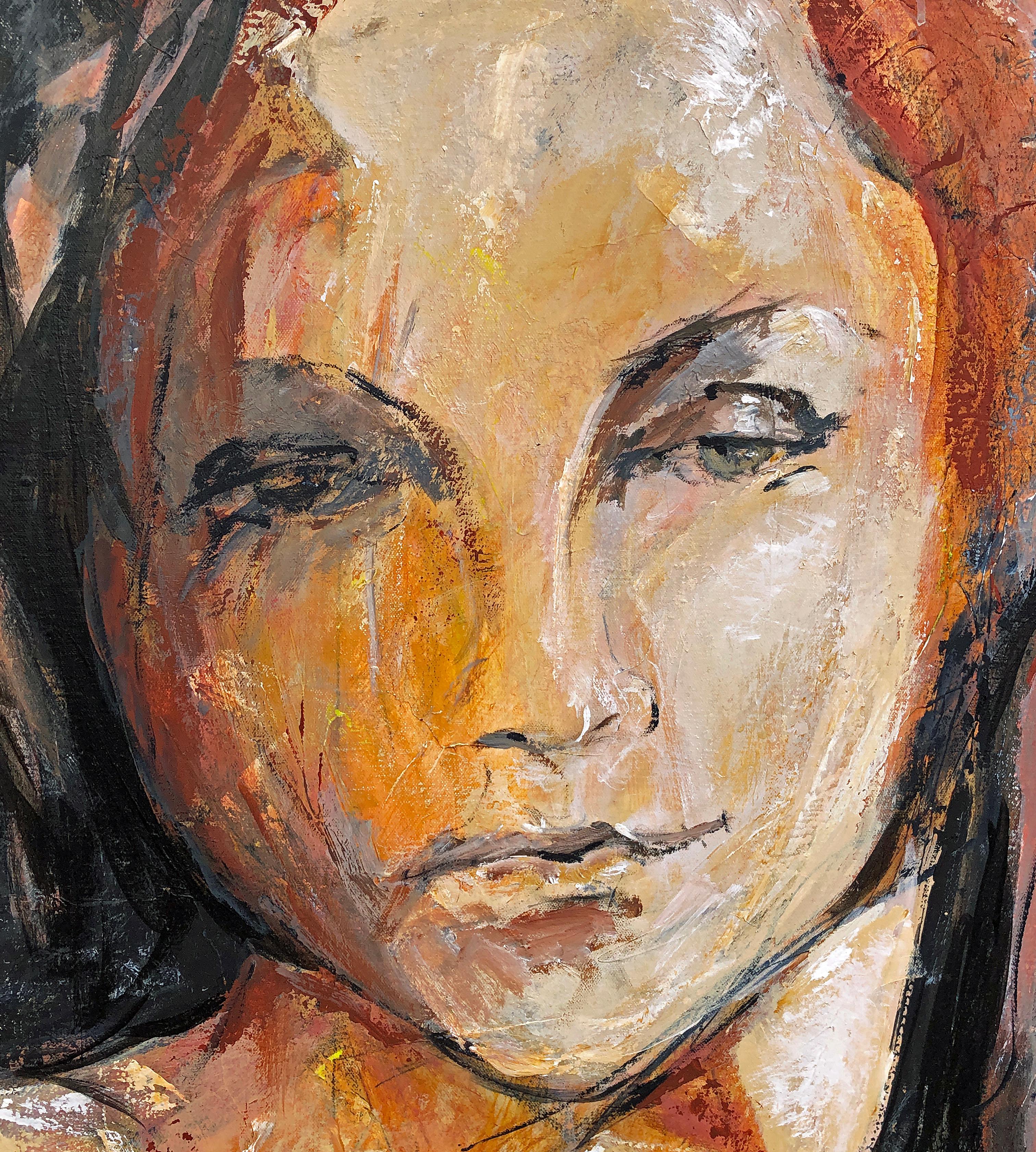 <p>Artist Comments<br />An expressionist portrait rendered in warm red, rust, and ochre with hints of gray and blue peeking through the layers of paint. Punctuated with strong black outlines. Artist Sharon Sieben captures her model whom she