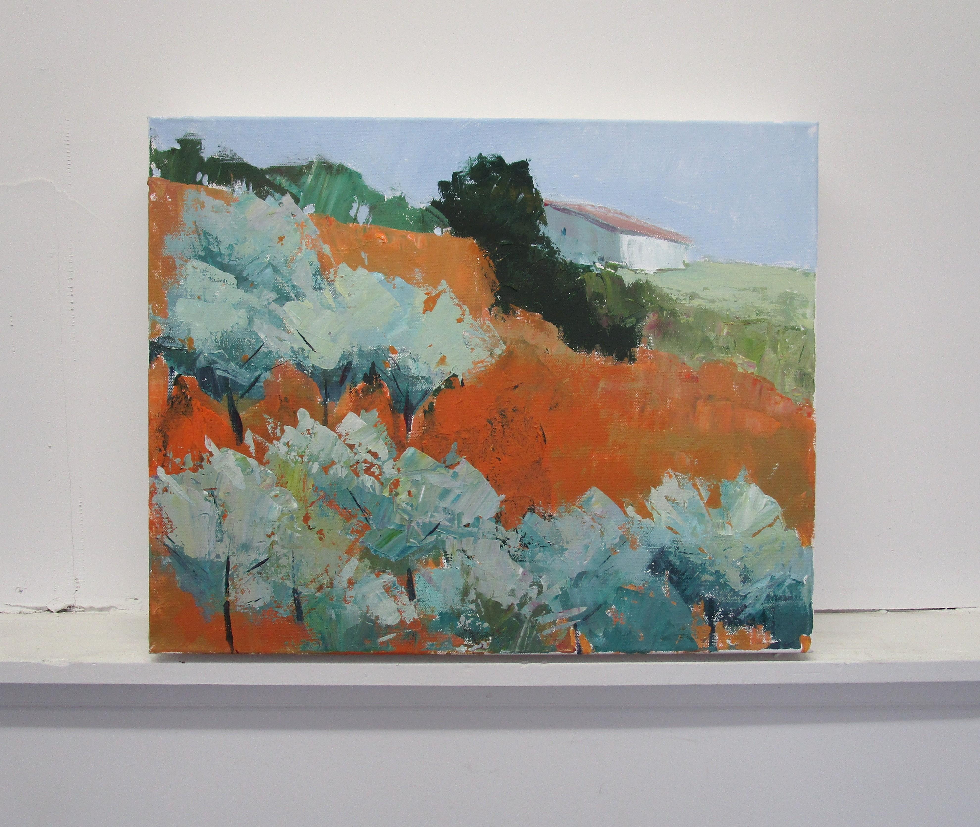 <p>Artist Comments<br />Artist Janet Dyer produced this landscape painting after a month-long stay in Assissi, Italy. She utilized a dynamic but subdued color palette punctuated by luscious tangerine. Old-growth olive trees dot the hillside, with a