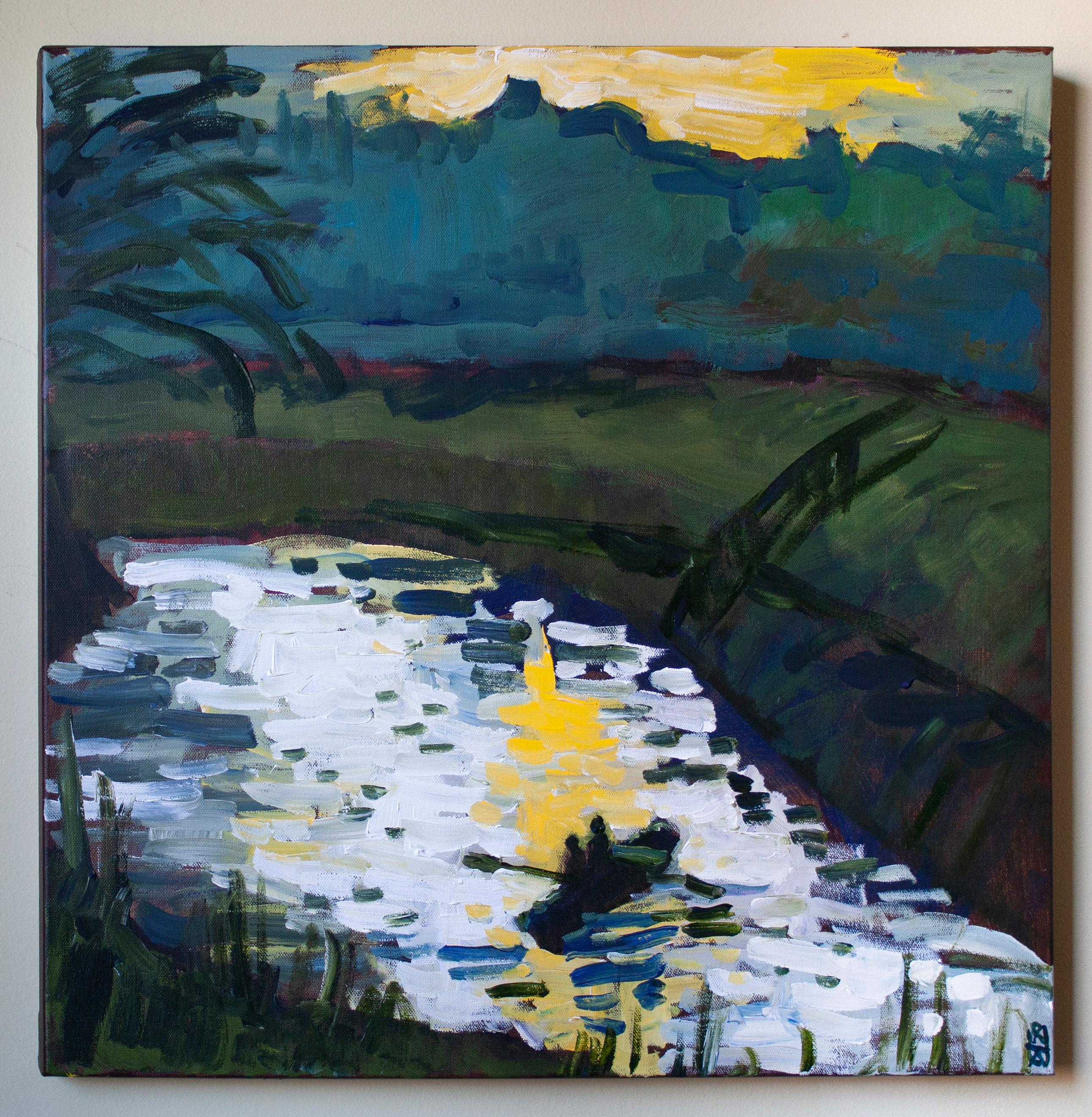 Boating on the Marsh, Original Painting - Black Landscape Painting by Robert Hofherr