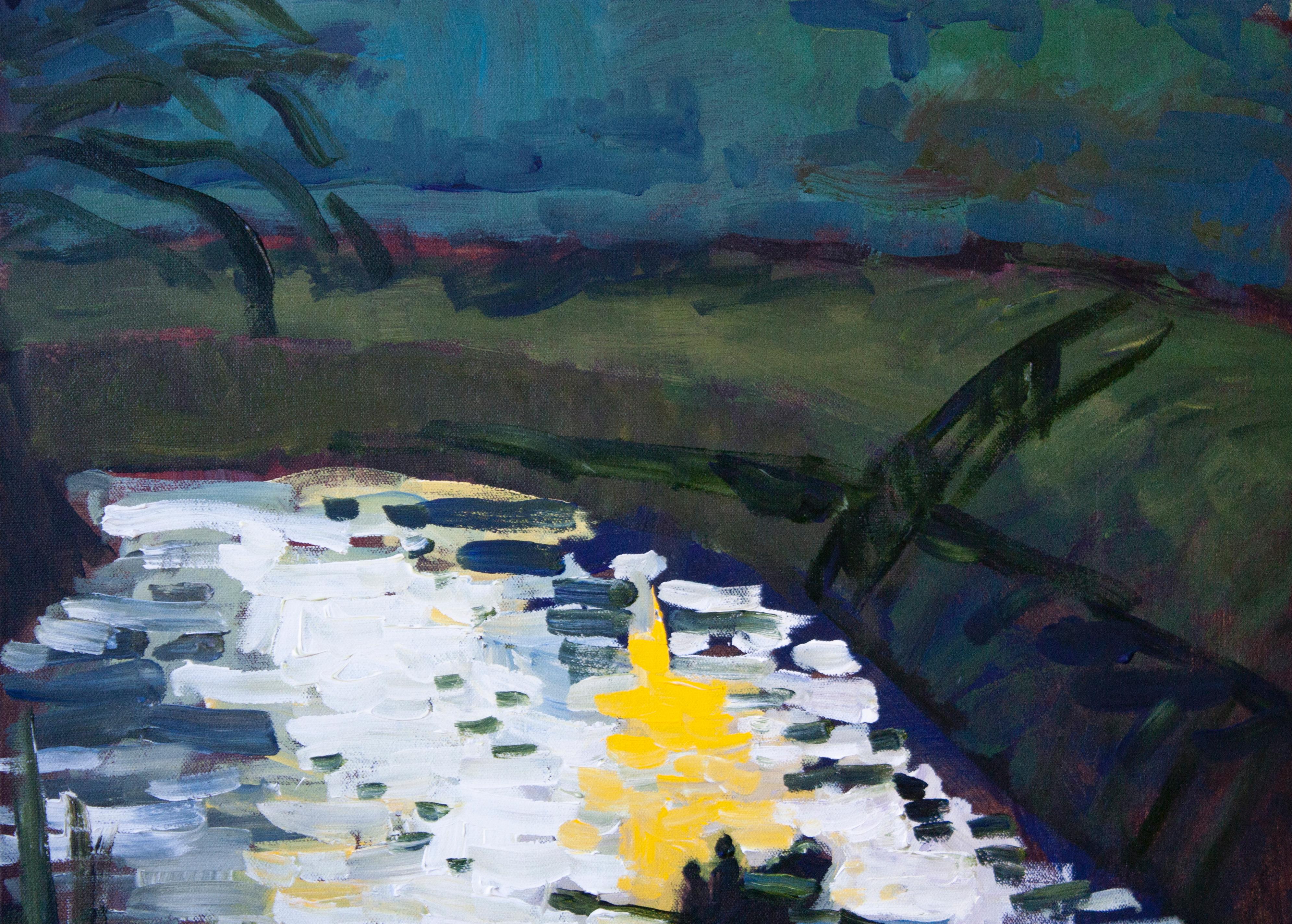 <p>Artist Comments<br />A verdant expressionist landscape emulating the quieting of the day. The last rays of the sun linger on the horizon, its remaining light gently reflected on the river. Undertones of deep red create a dynamic color palette.