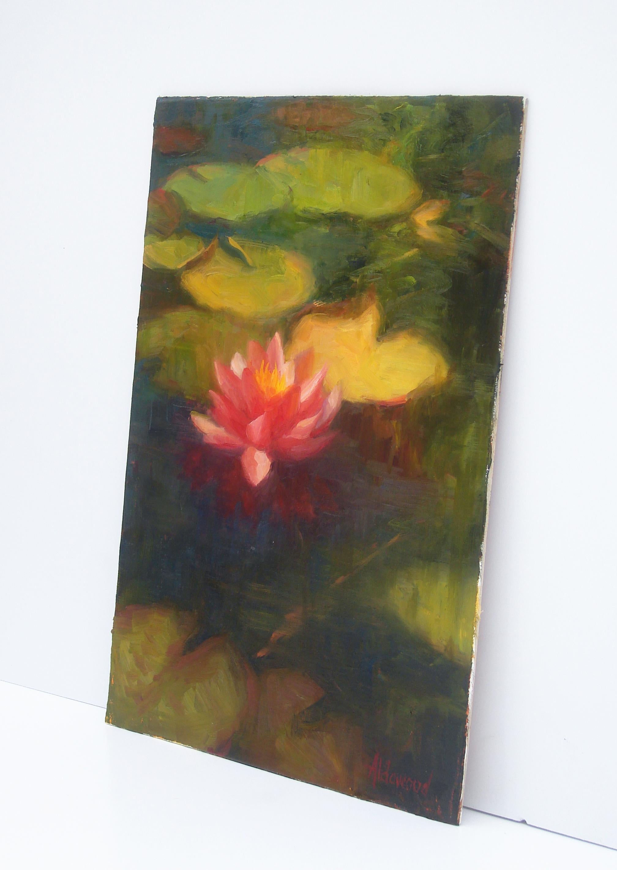Mission Waterlily, Oil Painting - Black Still-Life Painting by Sherri Aldawood