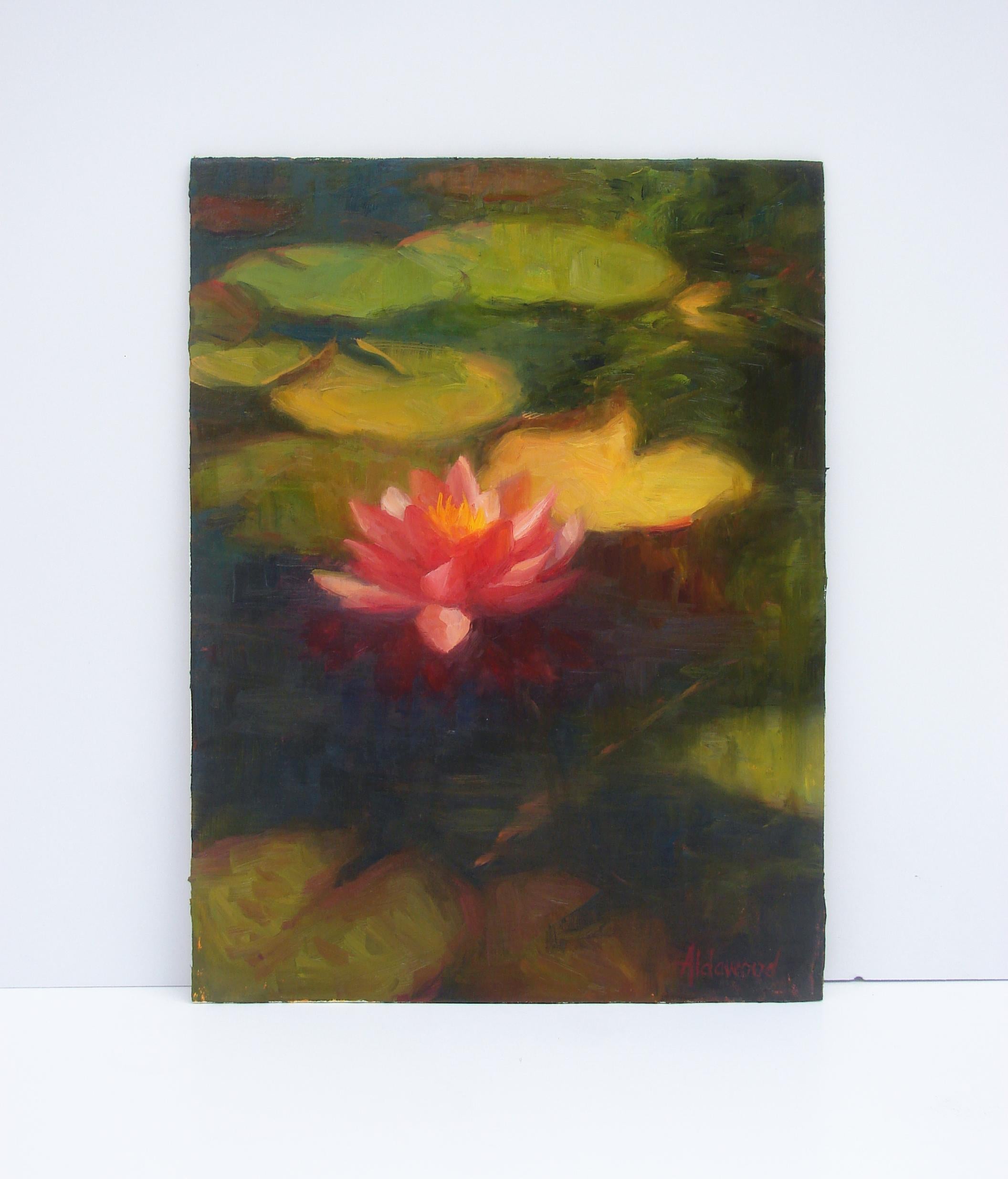 <p>Artist Comments<br />Soft light falls tenderly upon a pink waterlily in full bloom at Mission San Juan Capistrano in Southern California. 