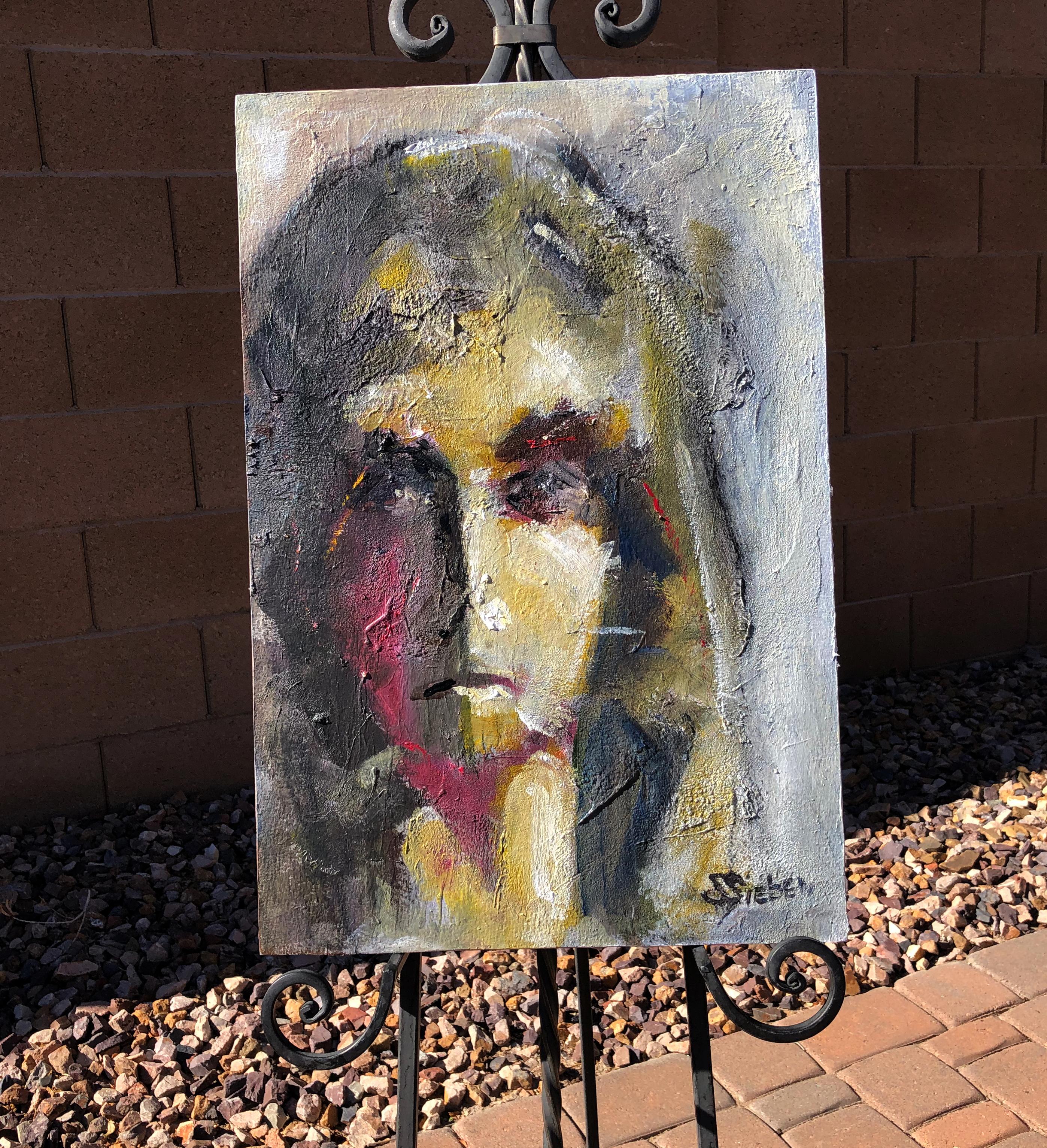 <p>Artist Comments<br />An expressionist portrait of a woman, with the details of her eyes showing through painterly brushwork. The figure shows a look of deep thought, rendered in greens, warm ocher, and red. Artist Sharon Sieben shares of her