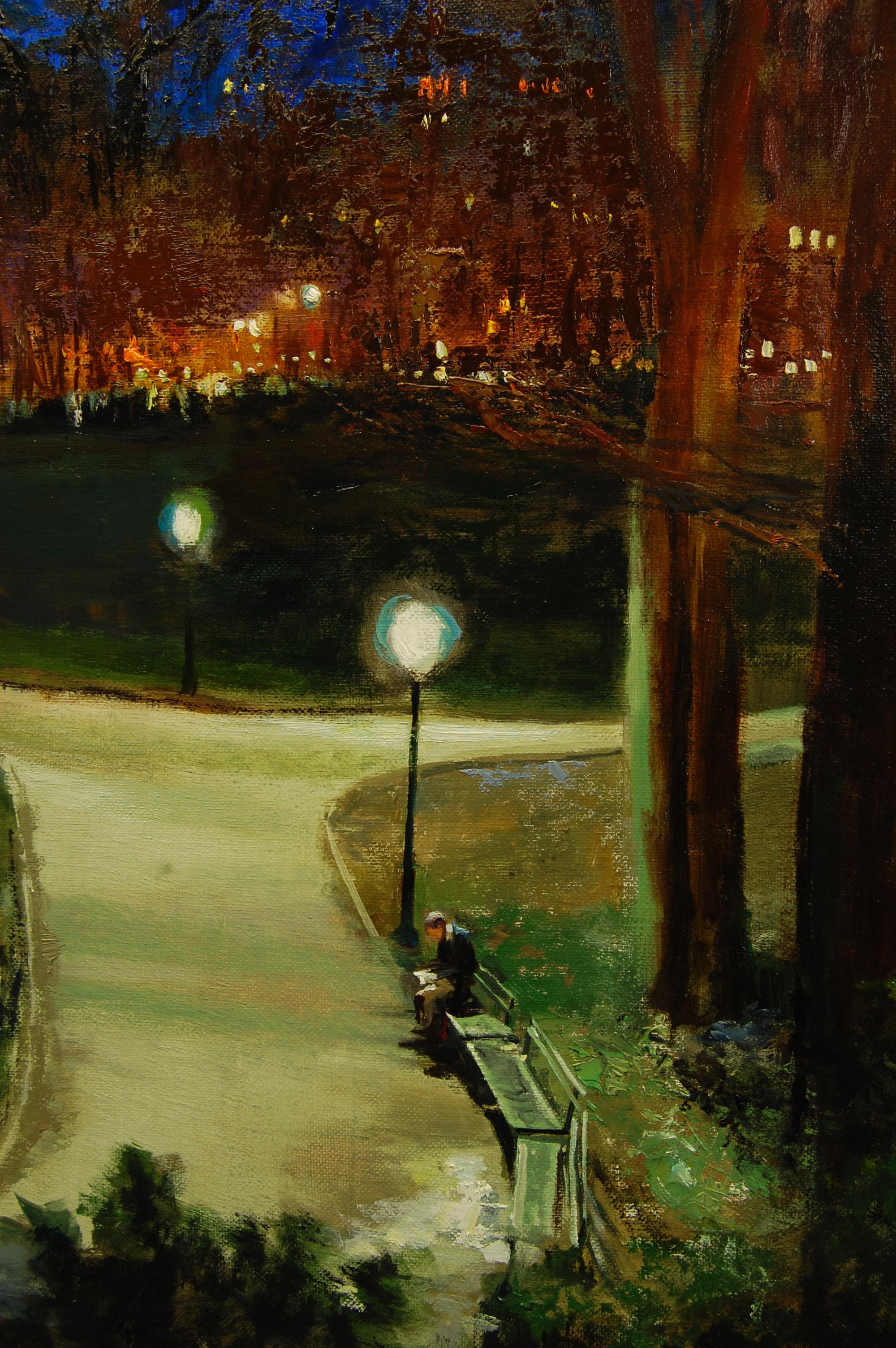Reading as Night Approaches (Livre comme des approches de nuit), peinture à l'huile - Noir Landscape Painting par Onelio Marrero