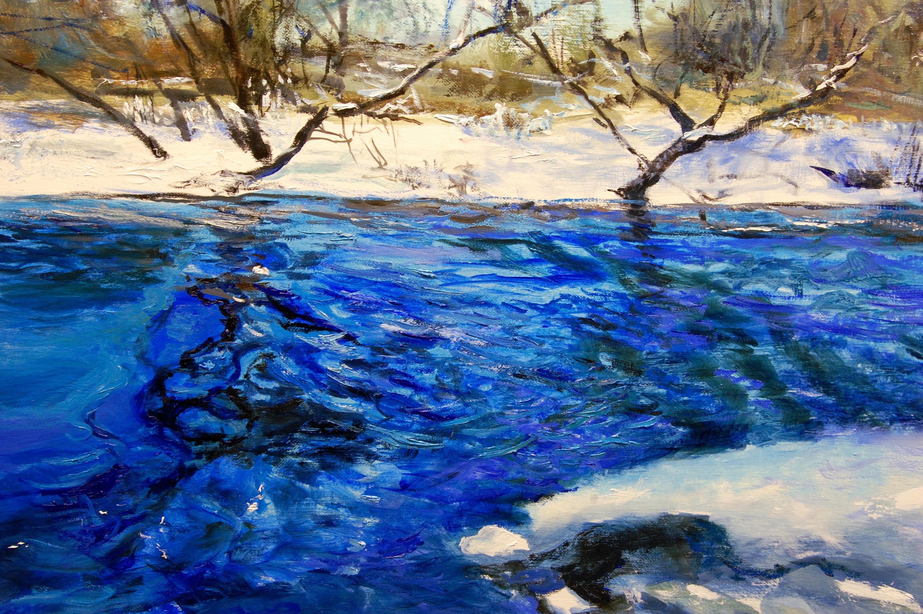 Ripples at the Bend, Oil Painting - Blue Landscape Painting by Onelio Marrero