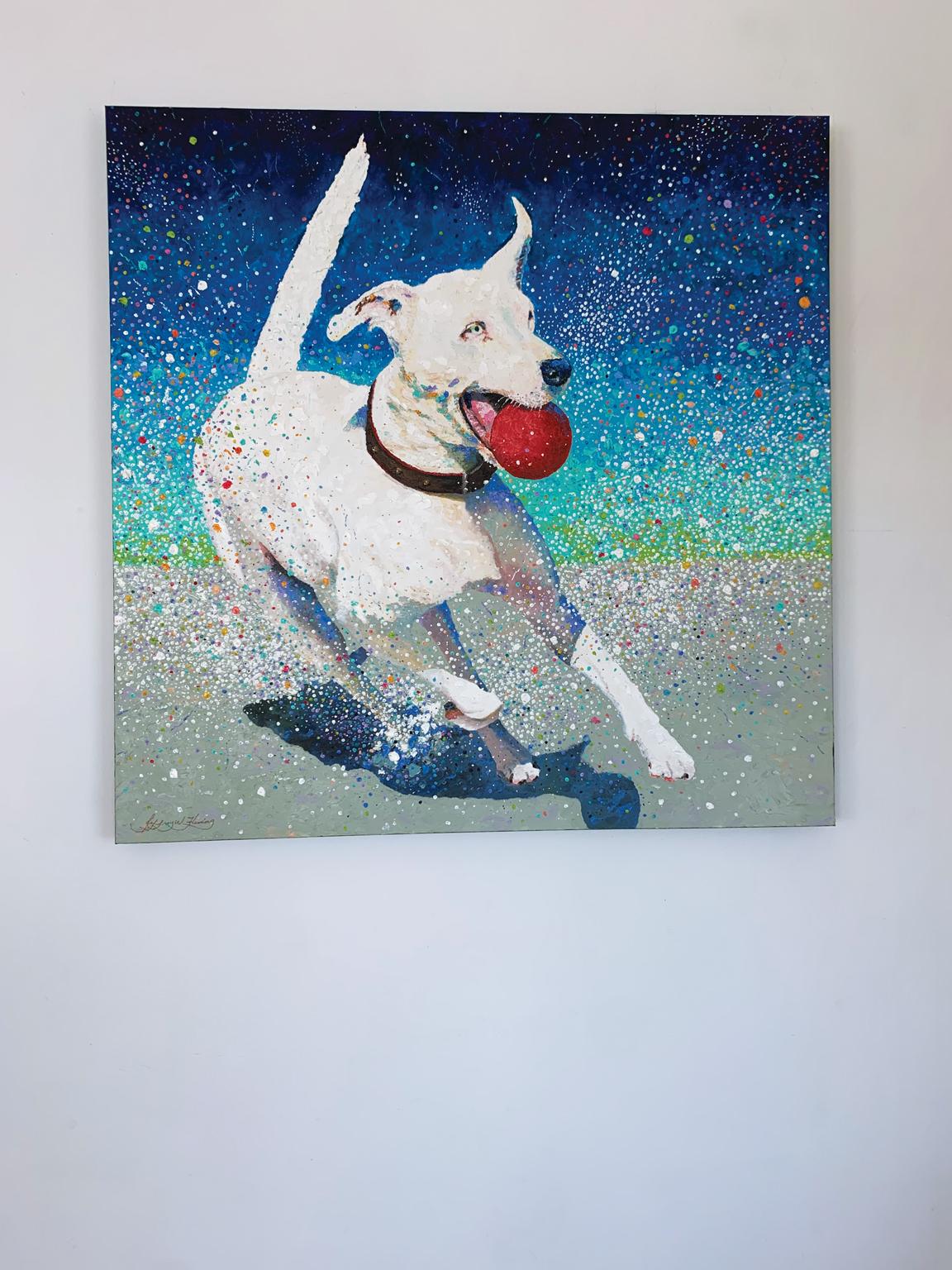 <p>Artist Comments<br />A playful dog catches a red ball while running along the sandy shore. Part of artist Jeff Fleming's signature kinetic impressionist series. Using gloved hands, he generously applied oil paint using his fingers. Once the