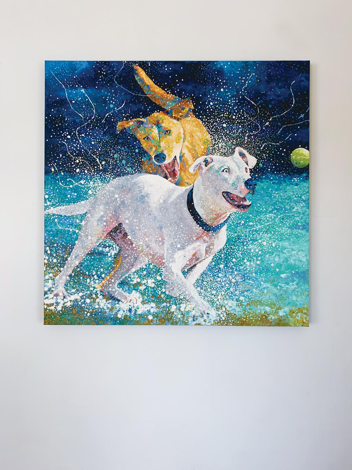<p>Artist Comments<br />Two happy dogs chase after a tennis ball along the beach, with ocean spray accentuating the action. Artist Jeff Fleming rendered the scene in his signature kinetic impressionist style. He started the piece with a pencil
