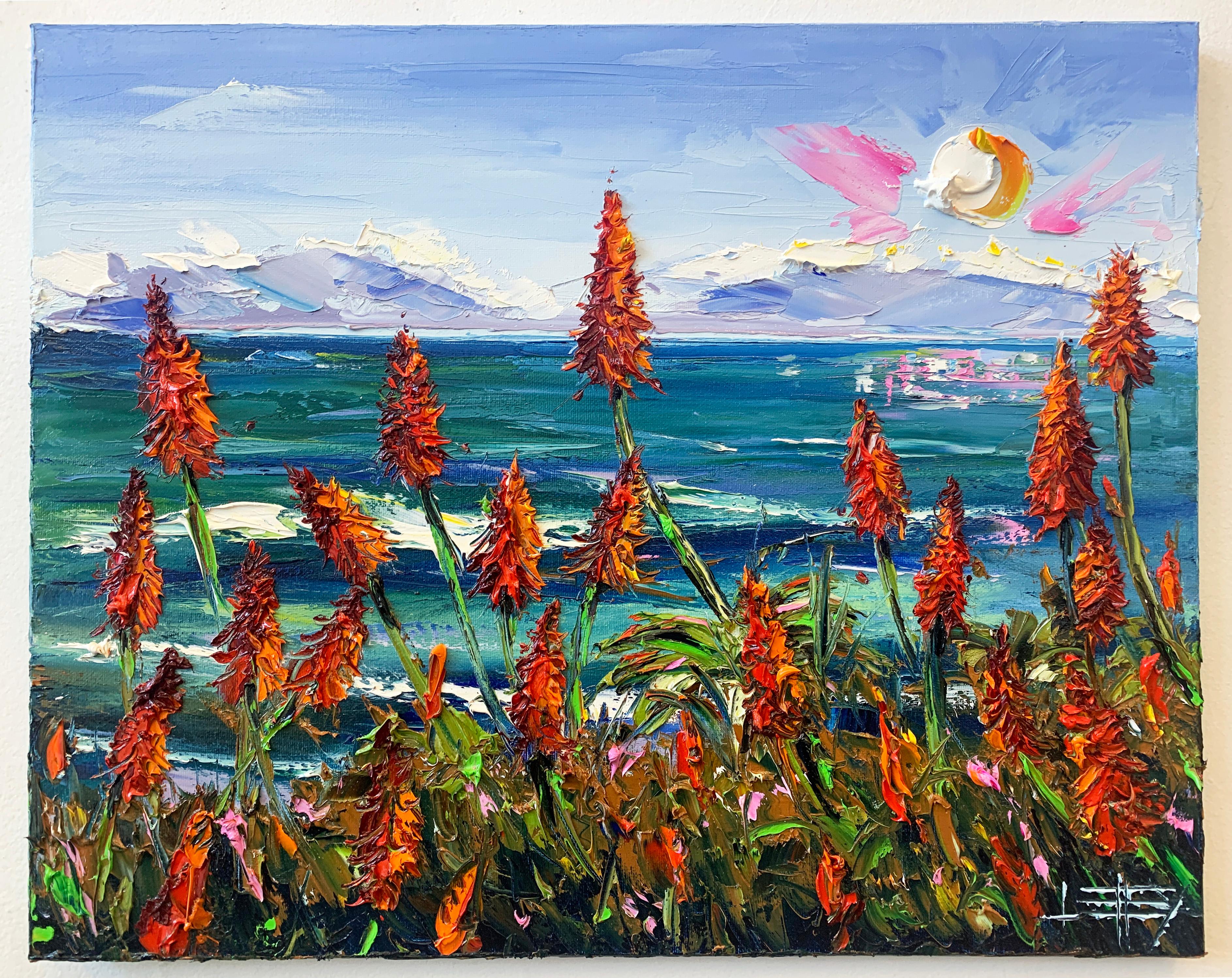 <p>Commenti dell'artista<br />Fiori selvatici rossi costeggiano la costa del Pacifico in questa scena soleggiata della baia di Monterey in California. L'artista Lisa Elley dice di essere molto ispirata dalle opere di Monet e cita il famoso