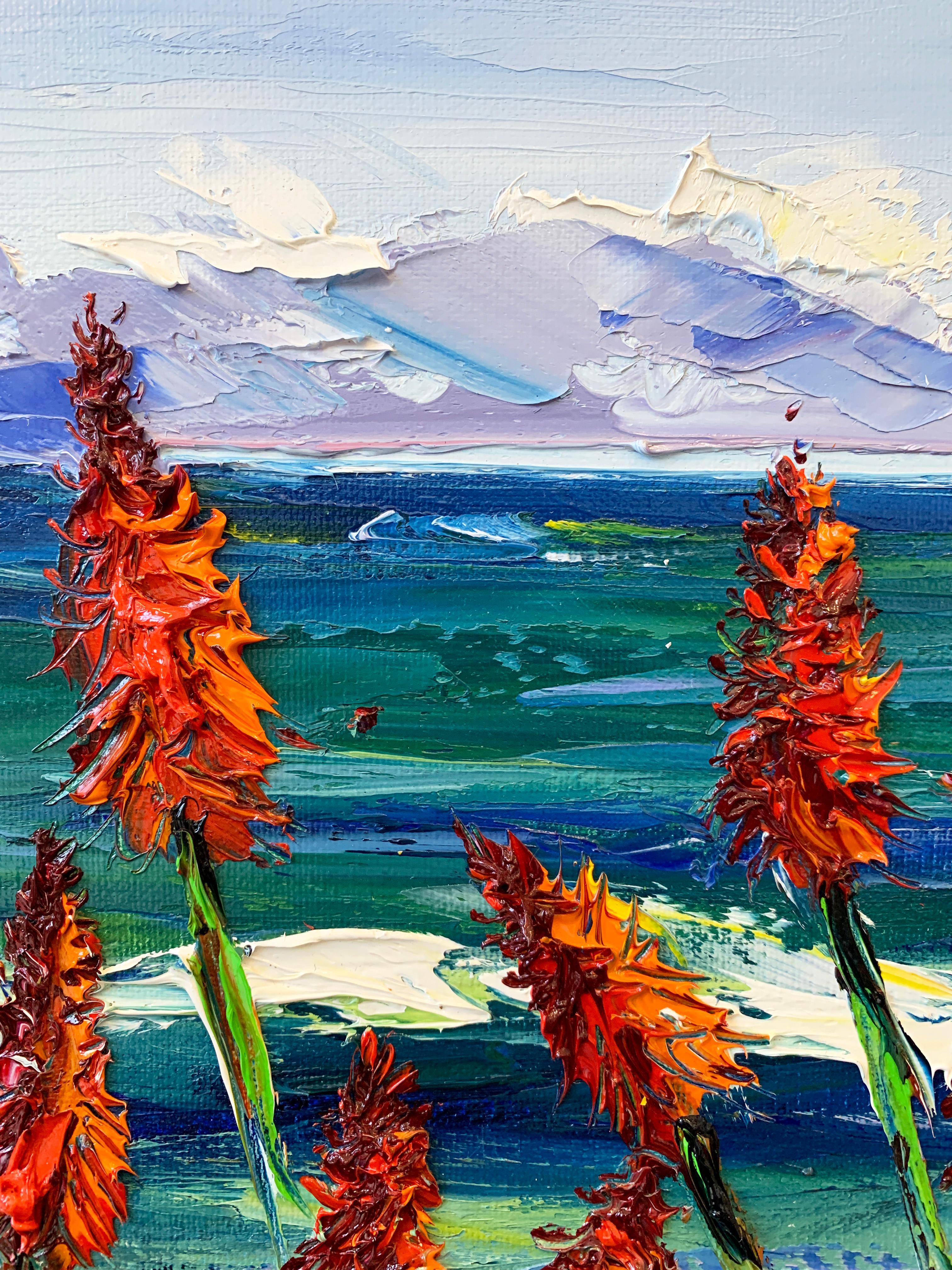 <p>Artist Comments<br />Red wildflowers line the Pacific Coast in this sunny scene of the Monterey Bay in California. Artist Lisa Elley says she is greatly inspired by Monet's work, quoting the famed Impressionist, 