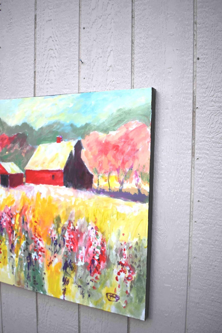 Red Barn near Orchard, Original Painting - Brown Landscape Painting by Kip Decker