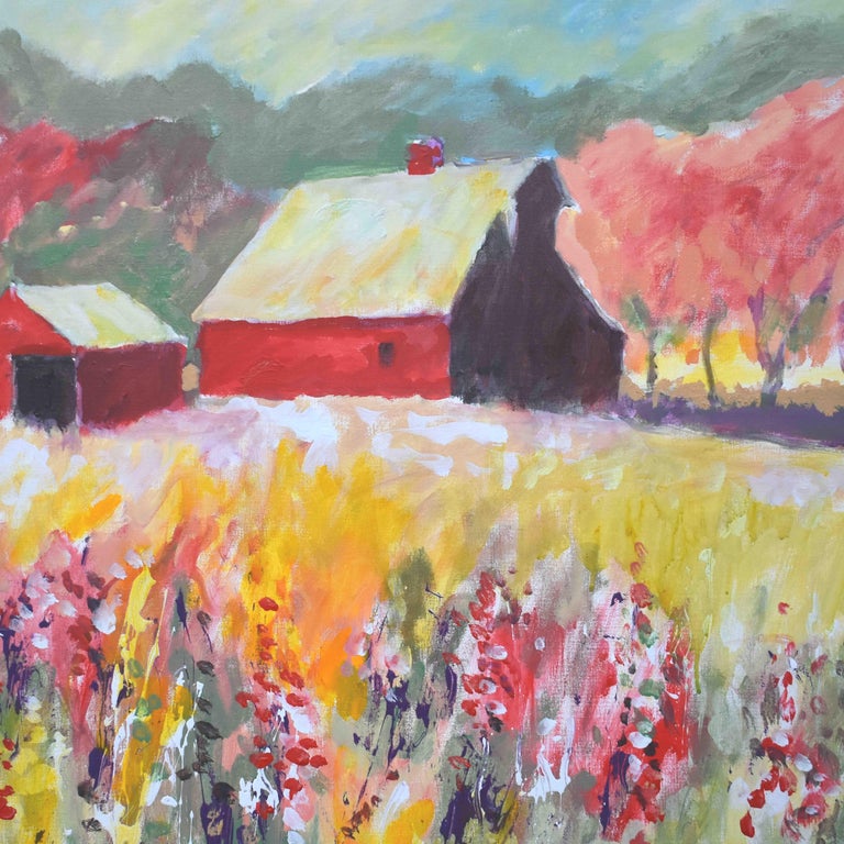 Red Barn near Orchard, Original Painting For Sale 1
