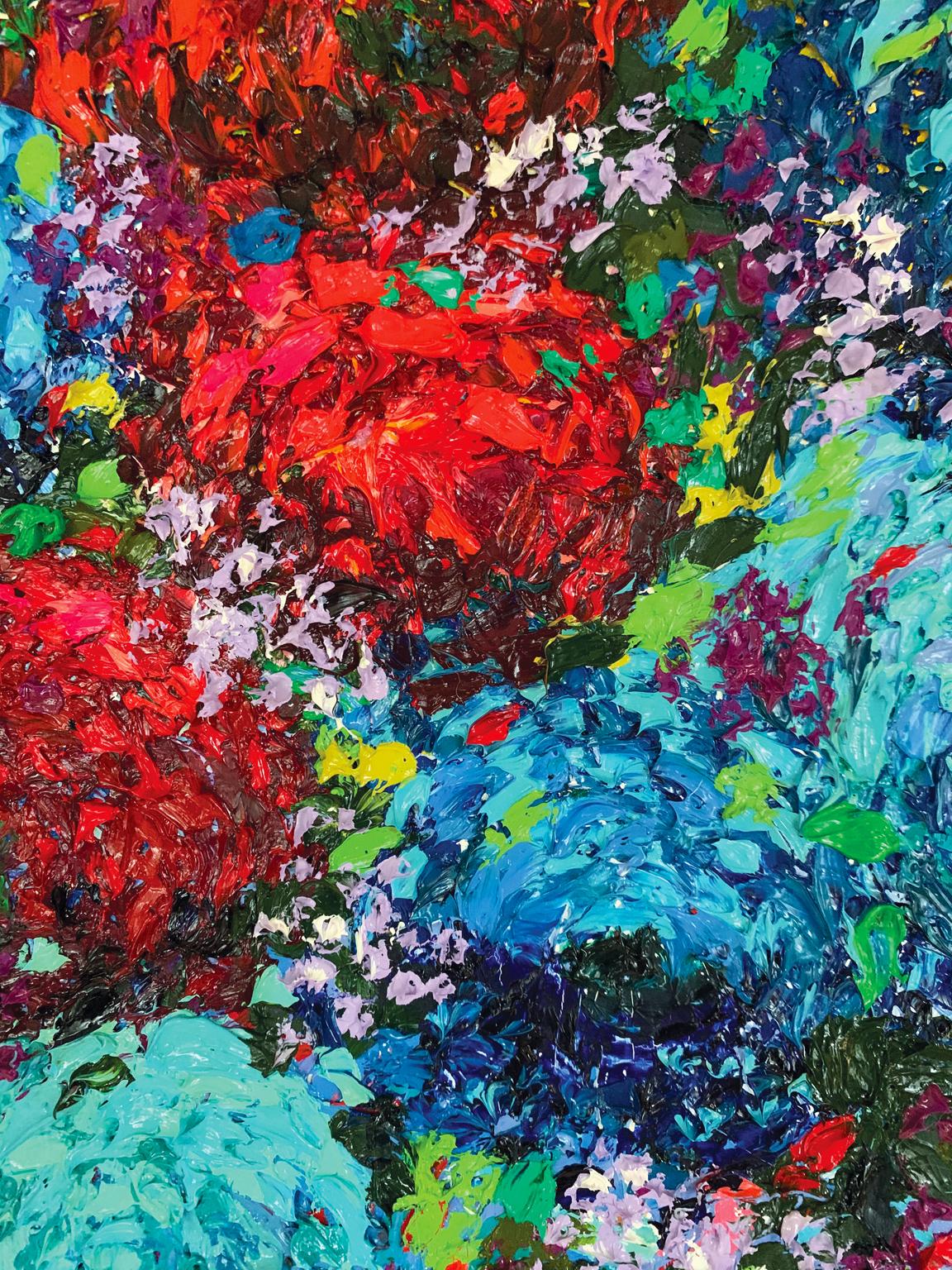 <p>Artist Comments<br />A vibrant bouquet of red and turquoise flowers fill the composition in this joyful still life. Artist Jeff Fleming describes his painting style as kinetic impressionism. Jeff started the piece with a pencil sketch on the