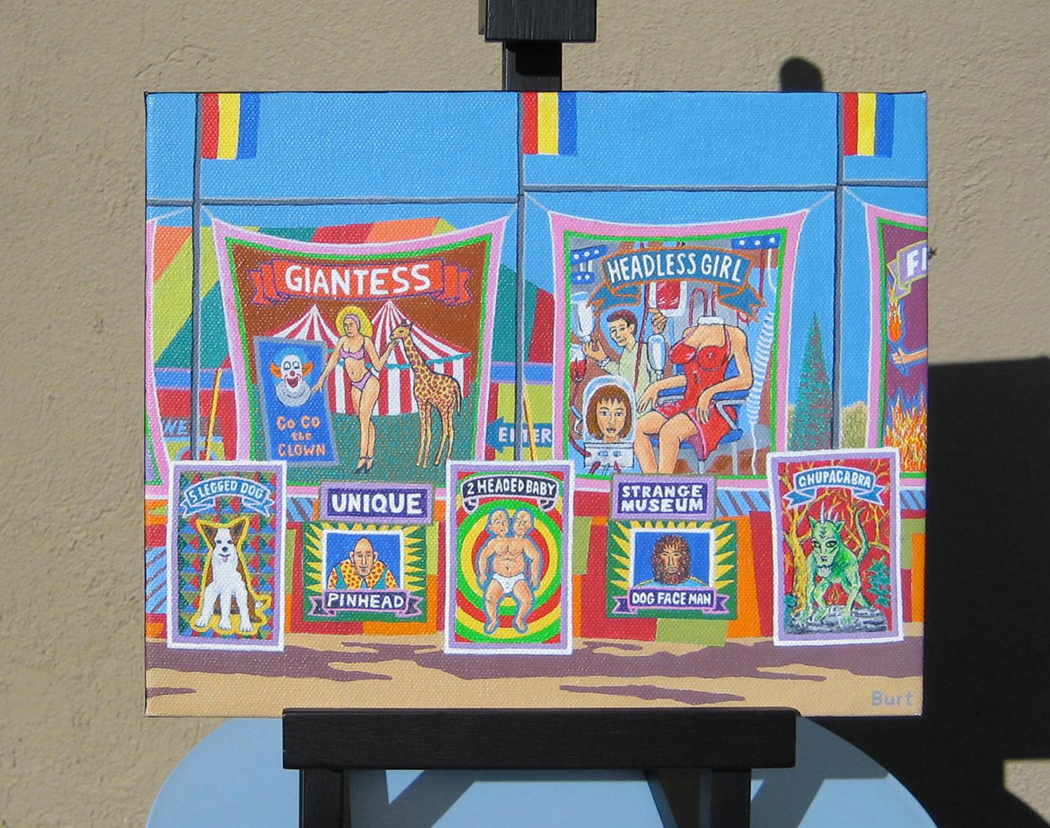 <p>Artist Comments<br>A detailed pop art-styled painting of a sideshow at a carnival in Rochester, Minnesota. 