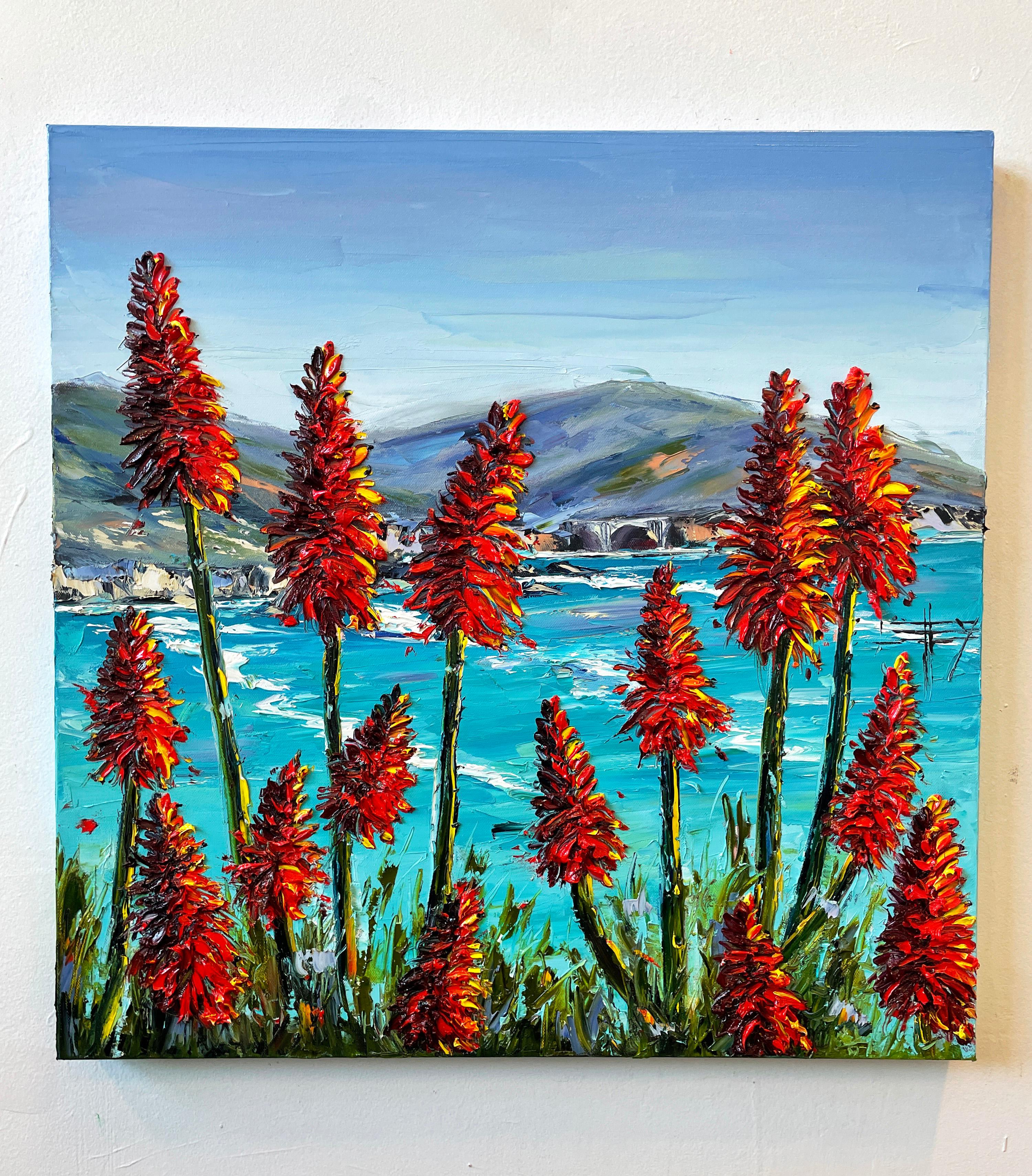 <p>Artist Comments<br />Red hot poker flowers dance along the Big Sur coast in California, with the famous Bixby Bridge seen in the distance. Artist Lisa Elley says she is greatly inspired by Monet's work, quoting the famed Impressionist, 