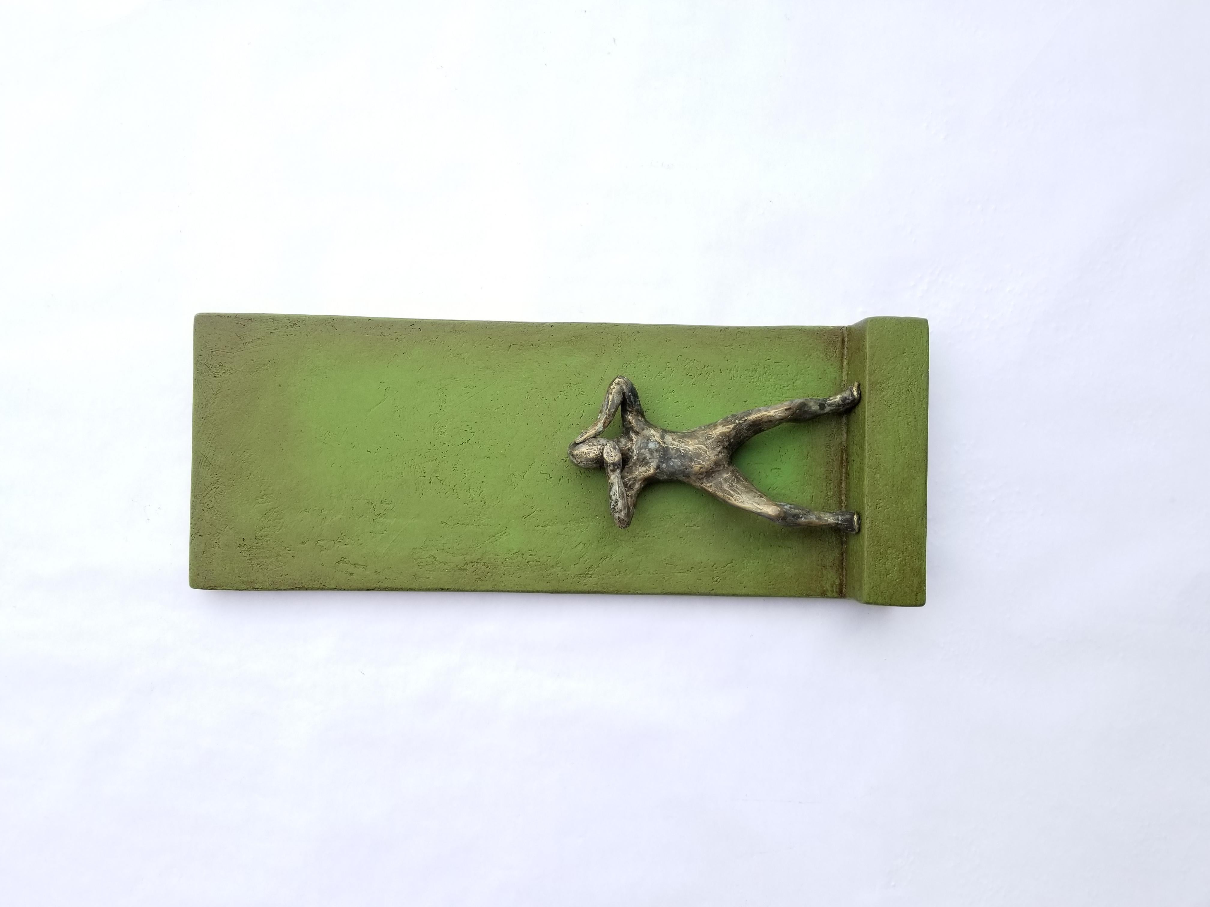 Small Being Standing on Green A, Original Painting - Contemporary Mixed Media Art by Yelitza Diaz