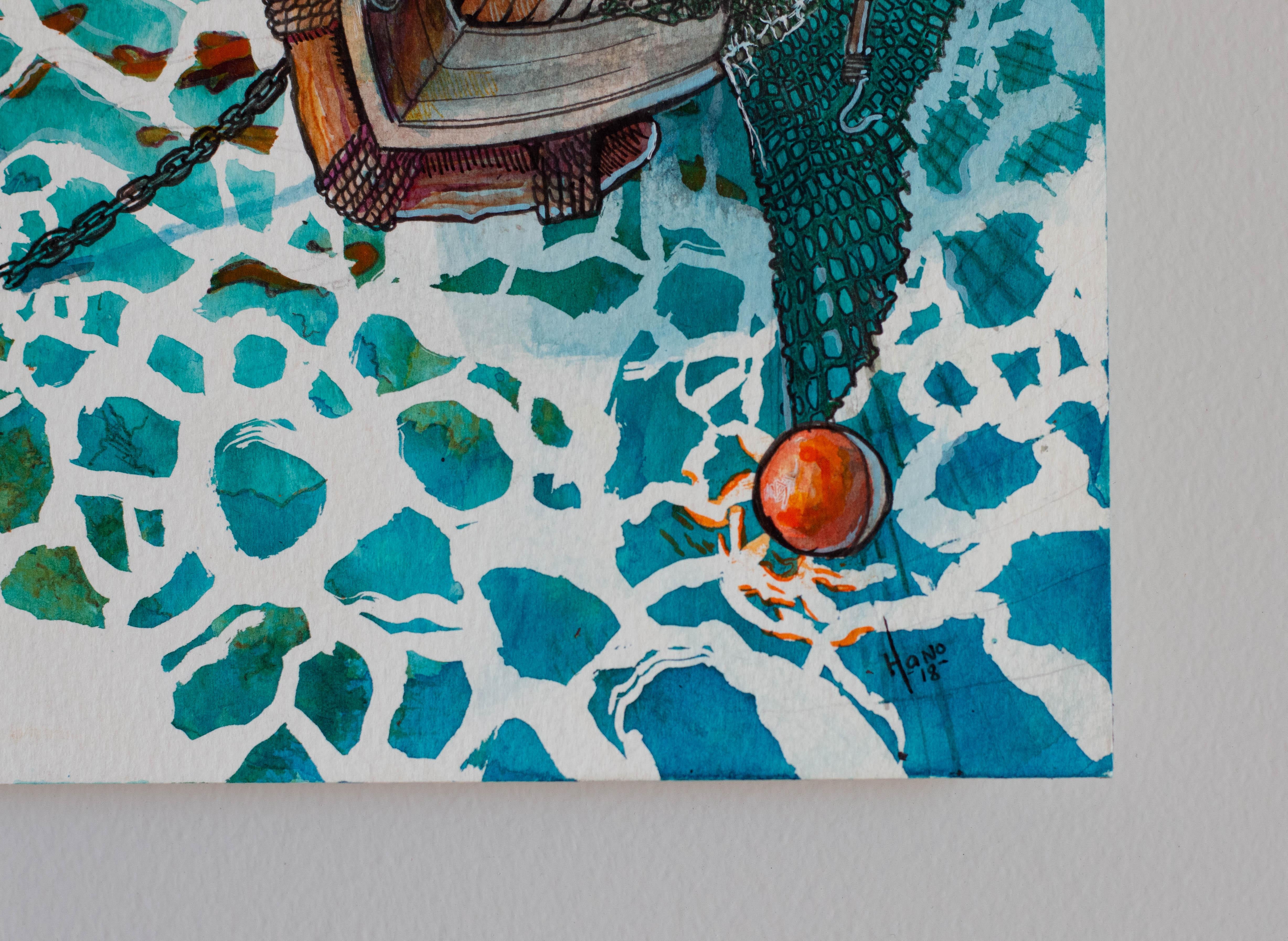 Fishing Boat, 1, Original Painting - Contemporary Mixed Media Art by Hano Dercksen
