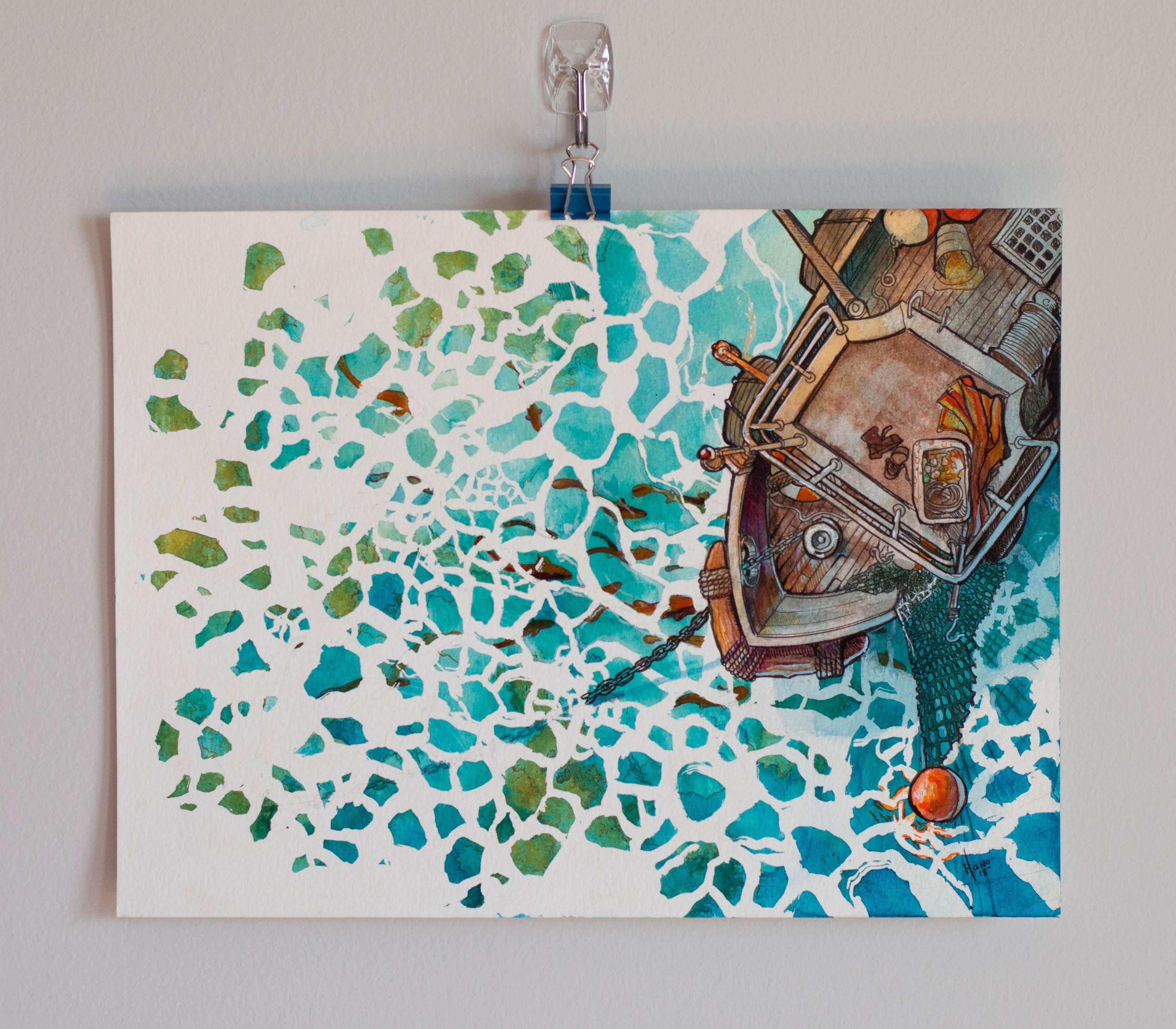 <p>Artist Comments<br />An aerial view of a wooden fishing boat dropping anchor in clear turquoise waters. Fish swim under the abstracted surface, visible between patches of reflected sunlight. 