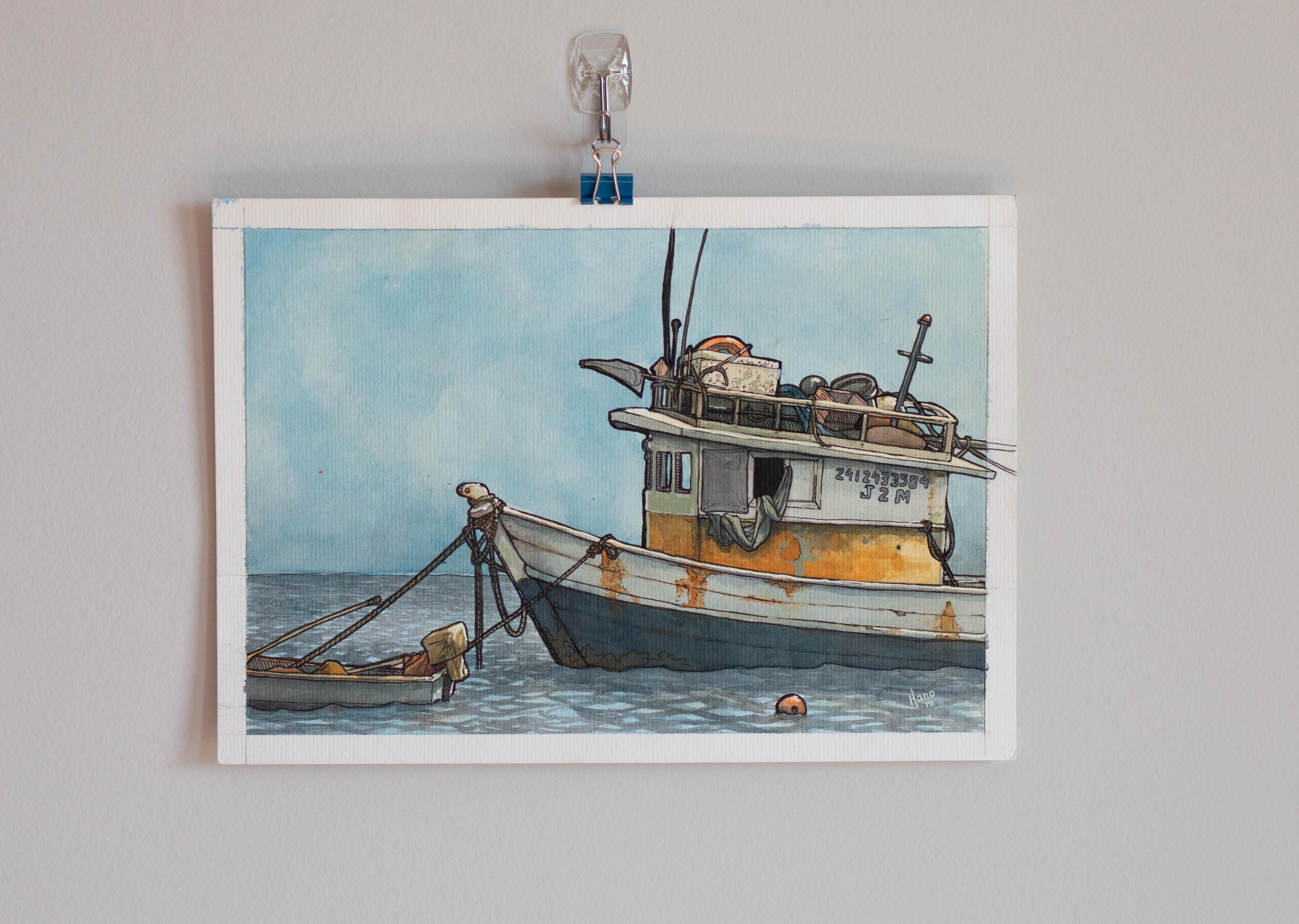 Barco de Pesca, Brasil 1, Pintura Original - Mixed Media Art realista estadounidense de Hano Dercksen