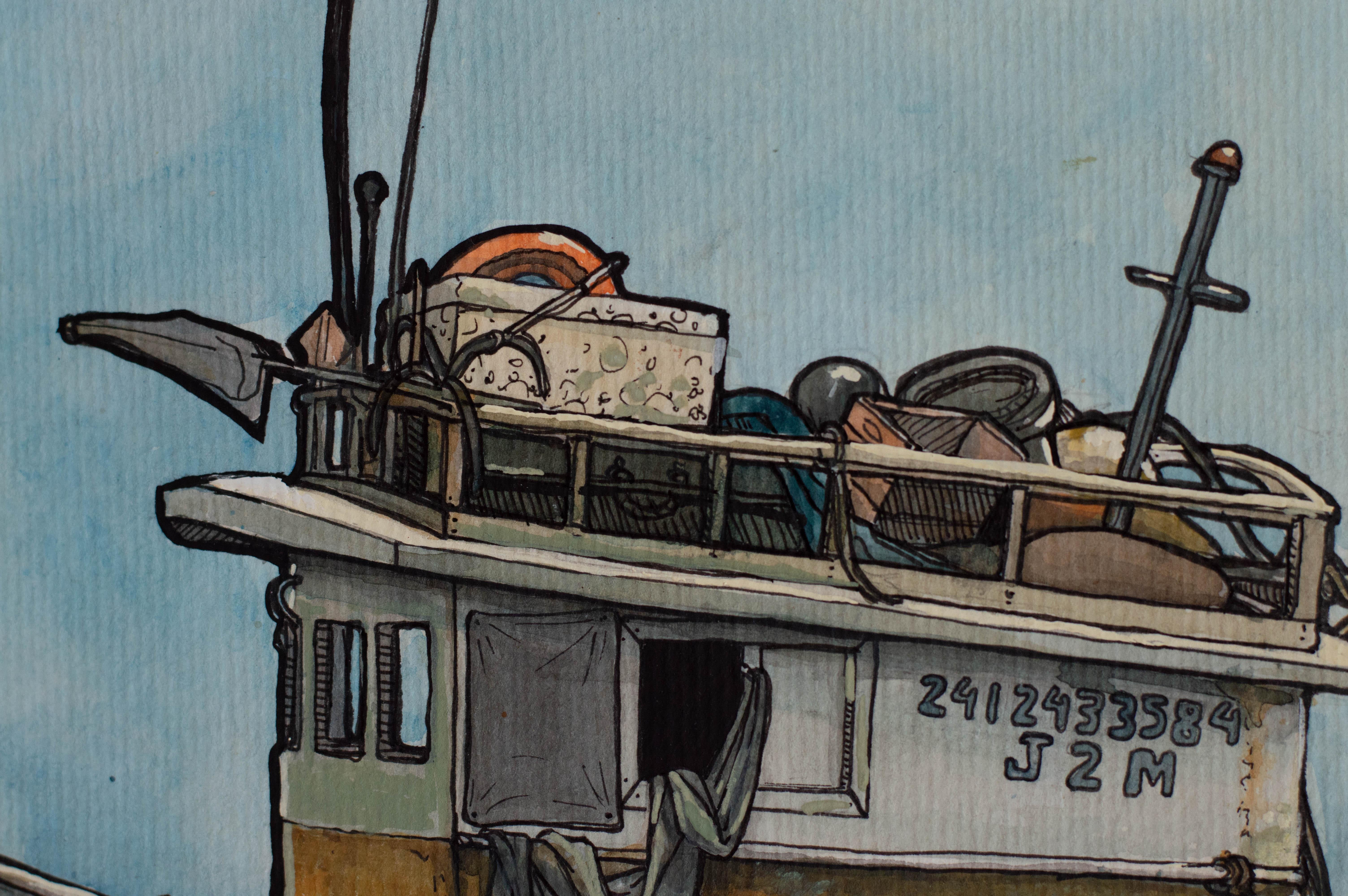 <p>Comentarios del artista<br />Primer plano de un bote amarrado a una barca de pesca, ambos flotando perezosamente en aguas tranquilas. Los brillantes puntos oxidados y otros elementos naranjas, incluida una boya que se balancea, aportan un toque