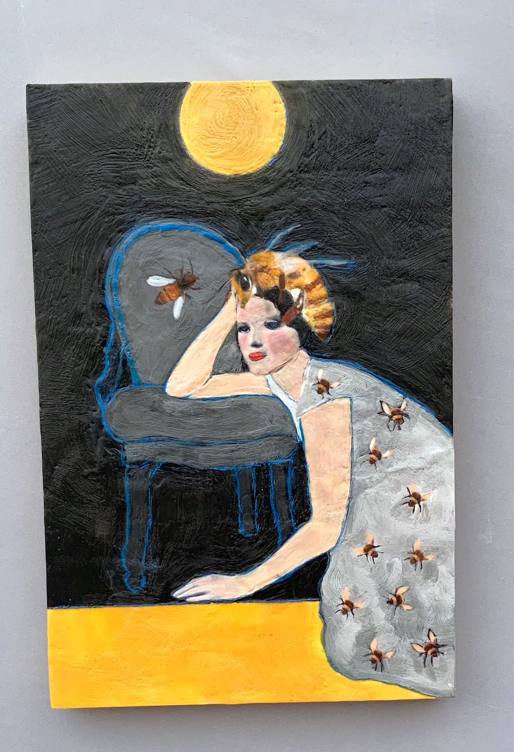 <p>Artist Comments<br>A woman rests against a chair under a full yellow moon. Her dress features a bee print, while a large bee rests on her head. 