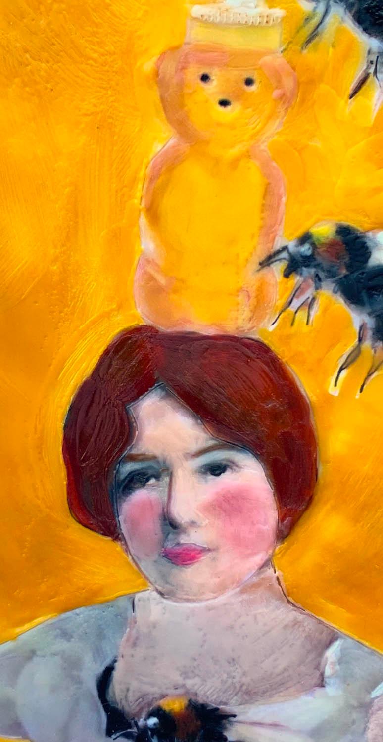 <p>Artist Comments<br>Artist Linda Benenati often put bees in her paintings as a tribute to the encaustic medium which is made from bee’s wax. In this piece, a woman is seen standing beside an apiary. Buzzing bees flit all around her, while an