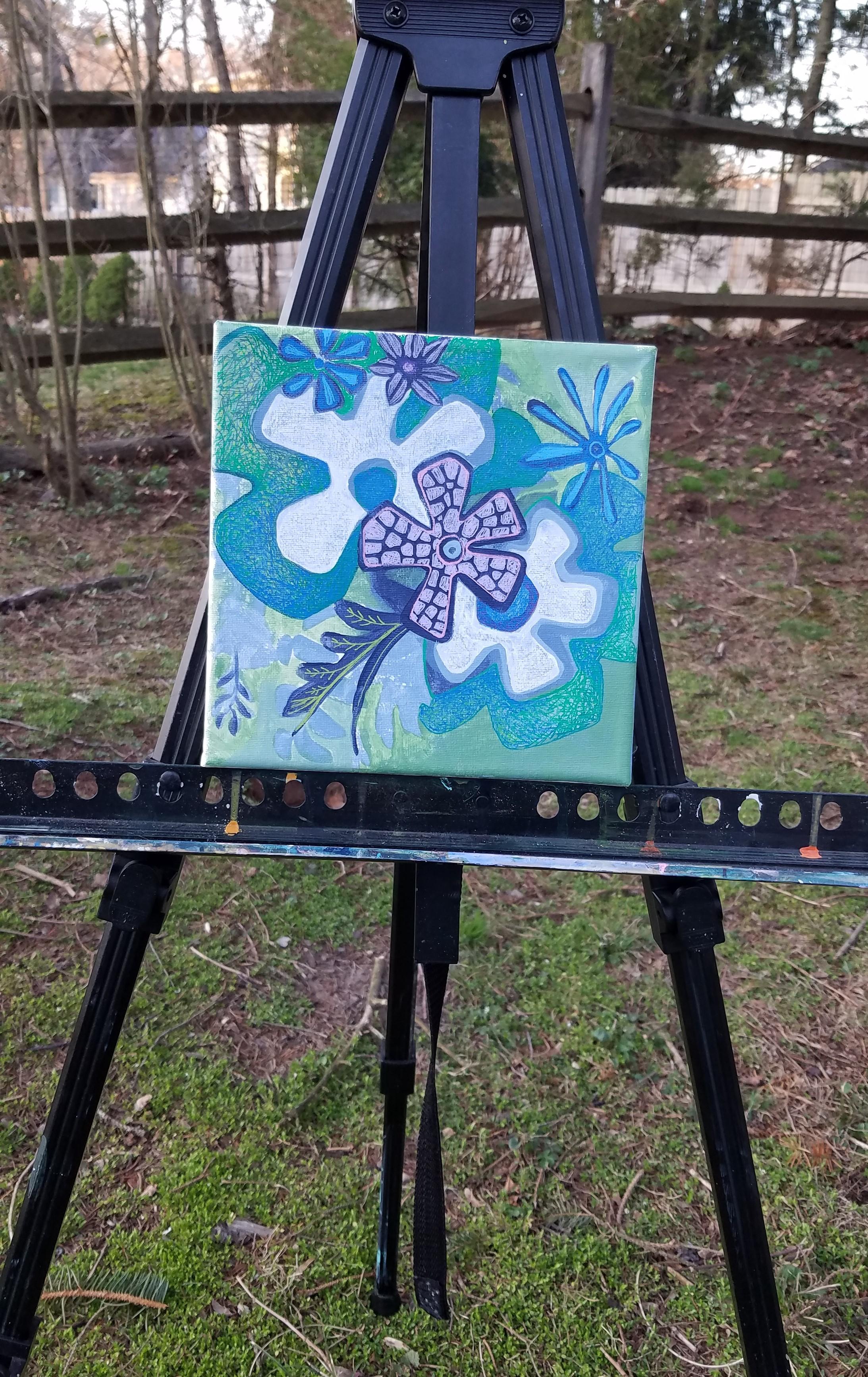 <p>Kommentare des Künstlers<br />Eine abstrakte Gartenszene mit lila, blauen und weißen Blumen, die vor einem Hintergrund aus frischem Grün tanzen. Teil einer Serie von kleinformatigen Arbeiten, die von den leuchtenden Farben und lebendigen Motiven