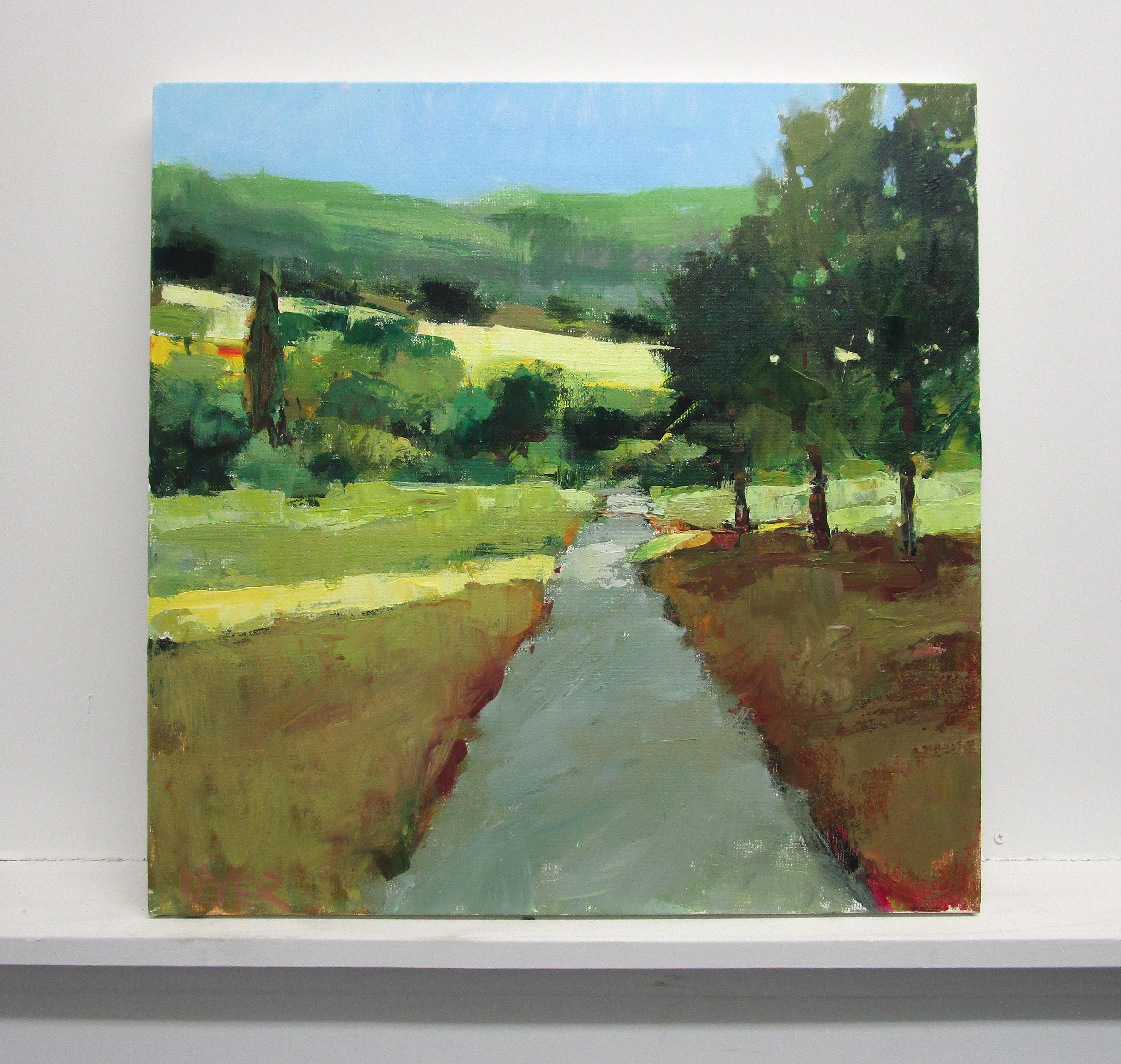 <p>Artist Comments<br />Using mostly a palette knife, artist Janet Dyer presents a serene path through a field of golden grass in Provence, France. Rays of sunshine cut through a line of trees and bathe the verdant hills beyond. 
