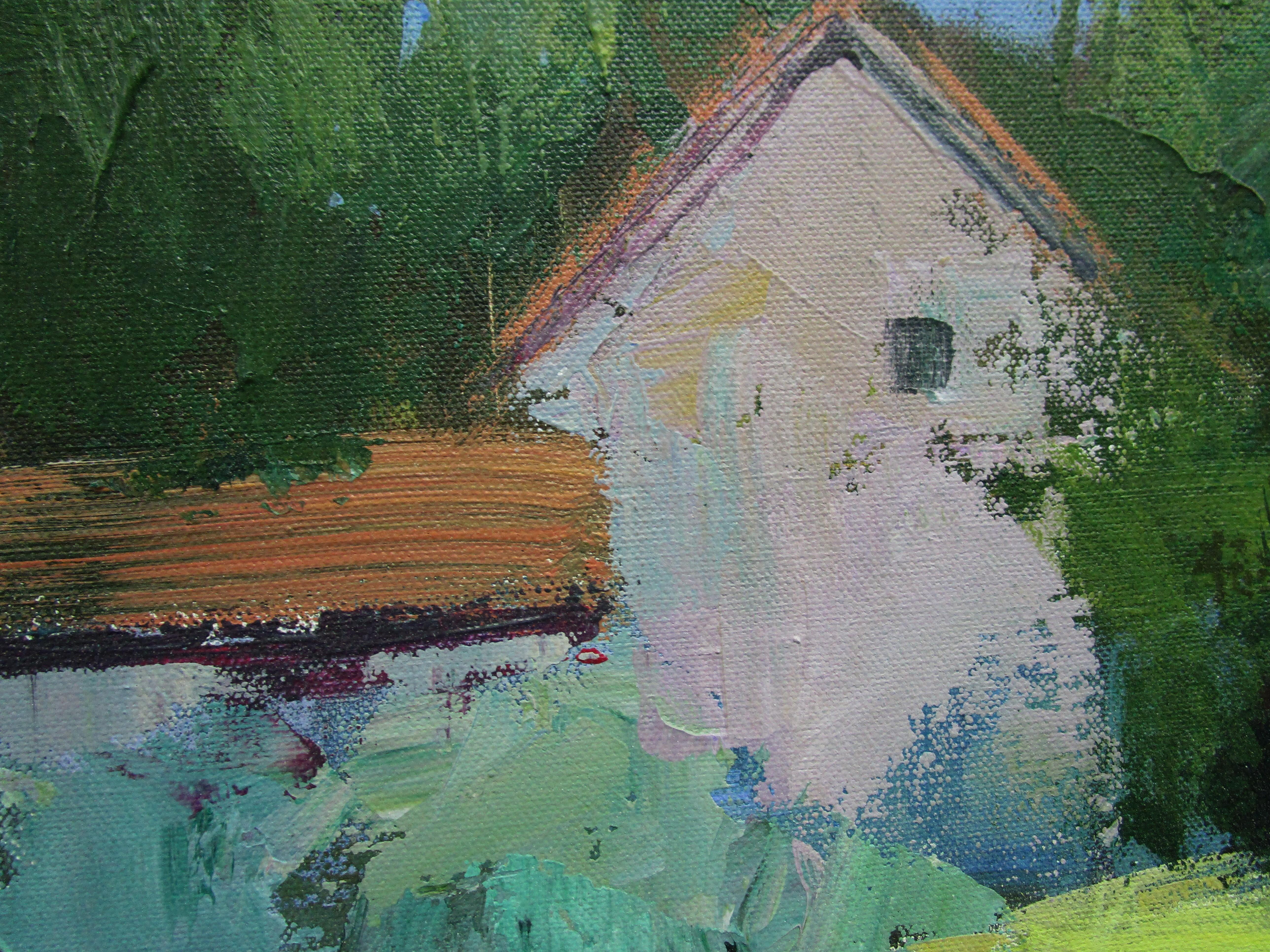 Haus mit Olivenbäumen, Originalgemälde (Grau), Landscape Painting, von Janet Dyer