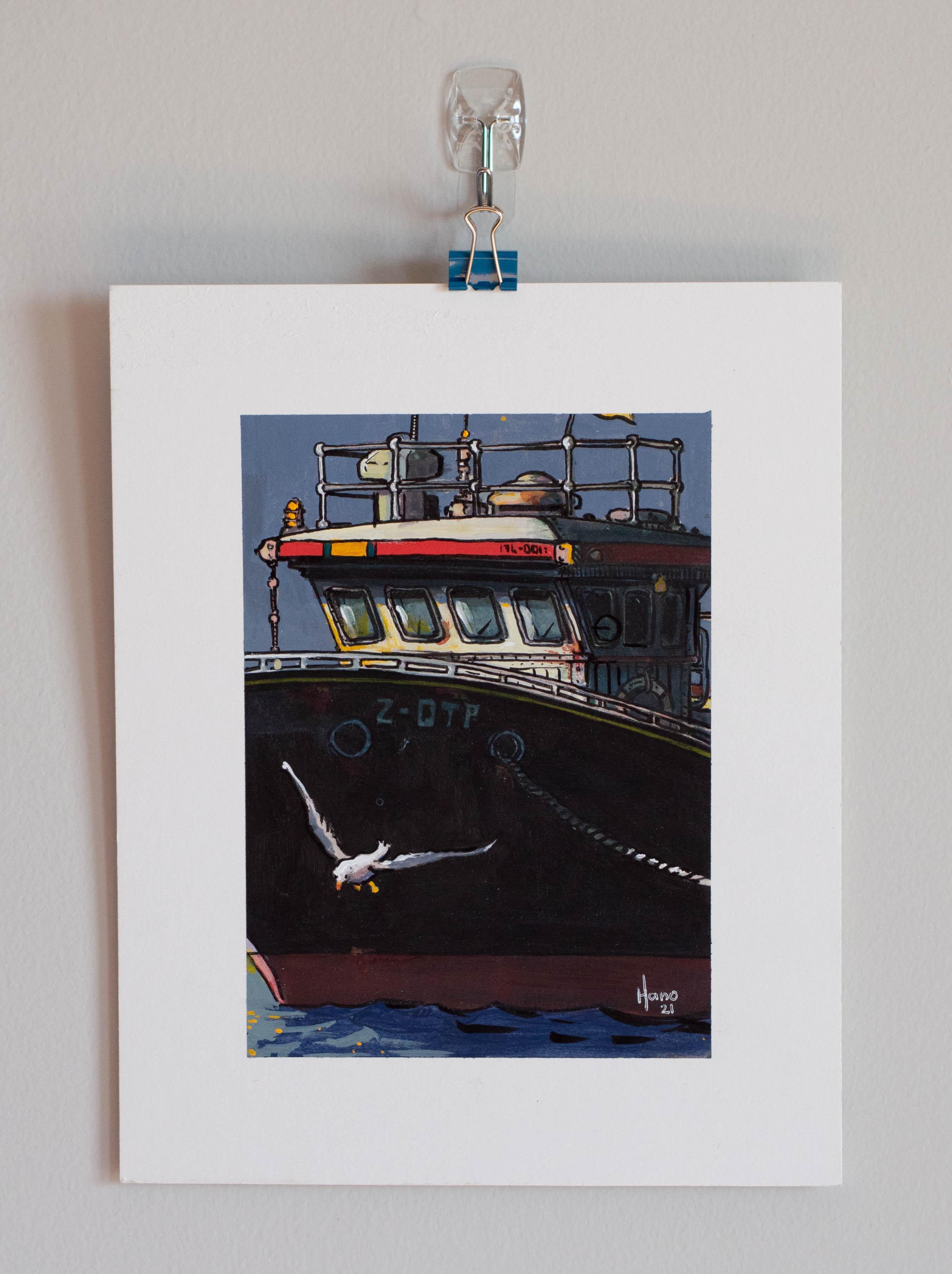 Fishing Boat, 2, Original Painting - Contemporary Mixed Media Art by Hano Dercksen