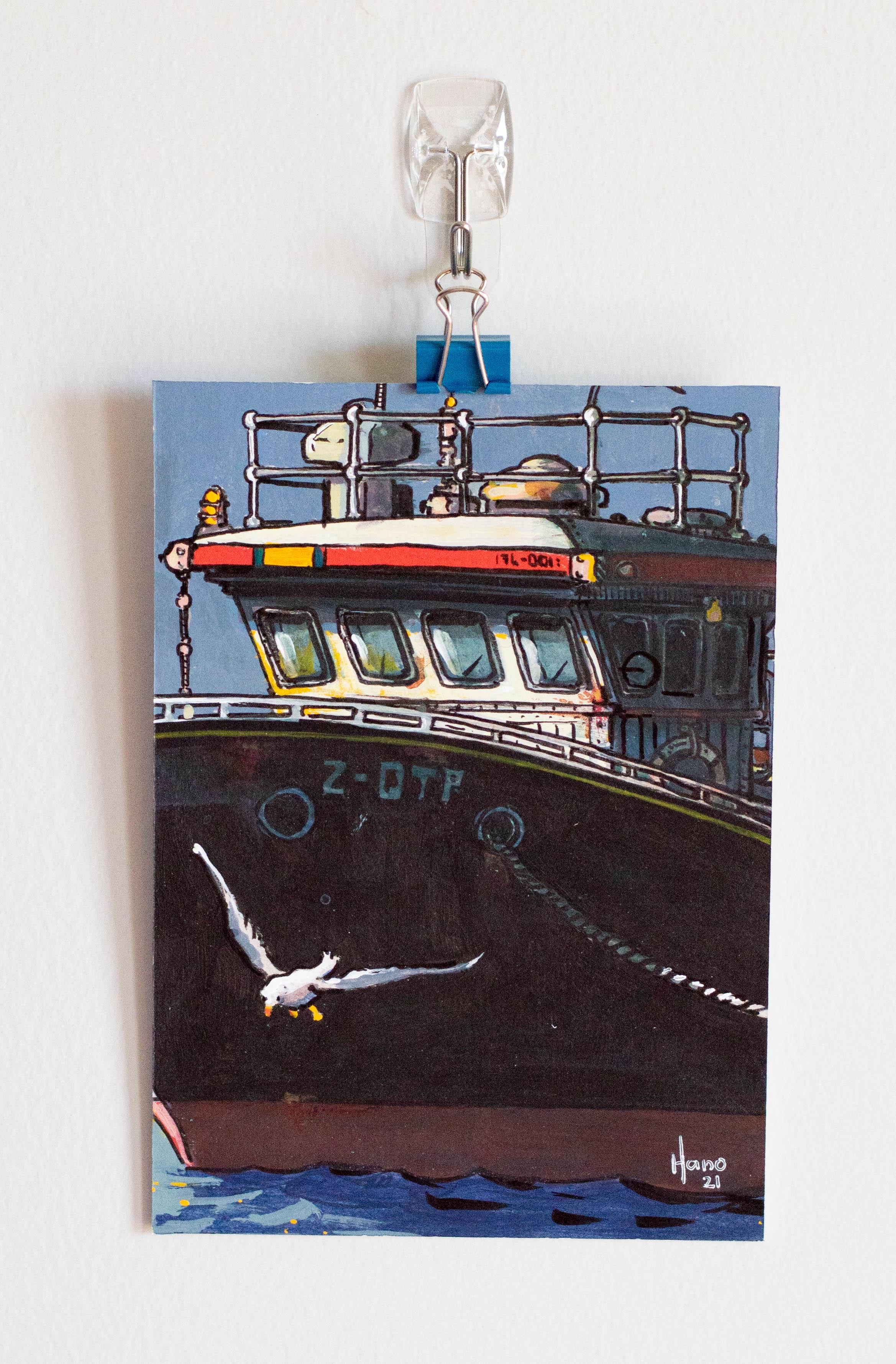 <p>Artist Comments<br />A tight close-up of a docked fishing boat, with a lone seagull cutting across the foreground in search of a meal. 