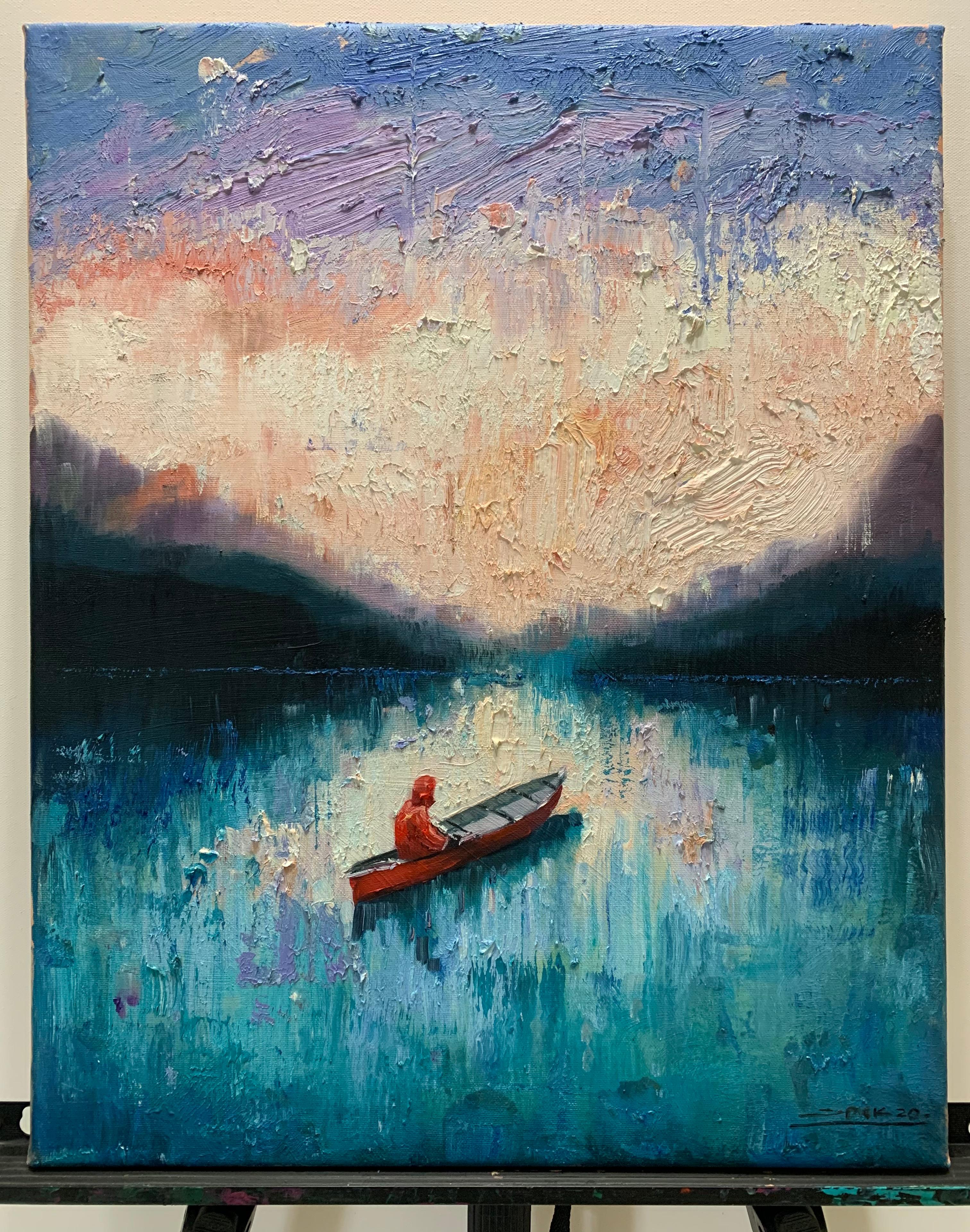 <p>Artist Comments<br />A figure glides along in a canoe at dawn. The soft light of the rising sun reflects on the still water of the lake. 