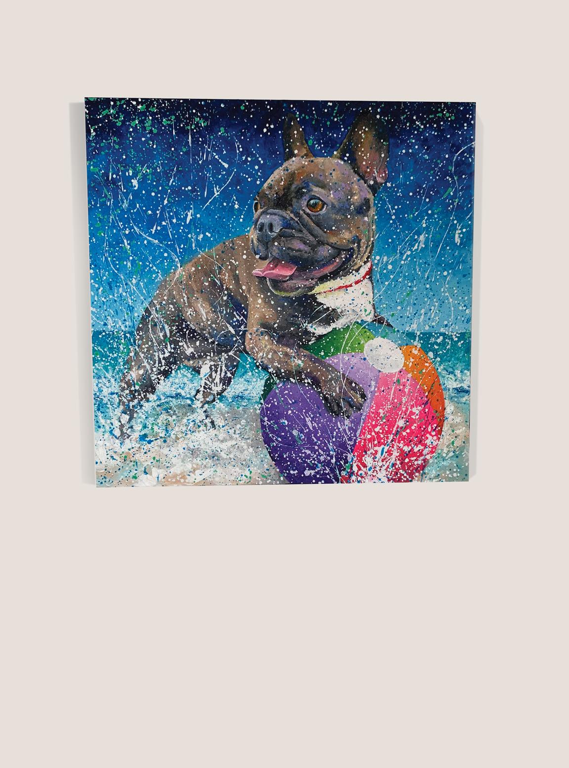 <p>Artist Comments<br />Inspired by a photo of a French Bulldog, artist Jeff Fleming added a beachball and splashing water to energize the composition. Jeff describes his painting style as kinetic impressionism. 