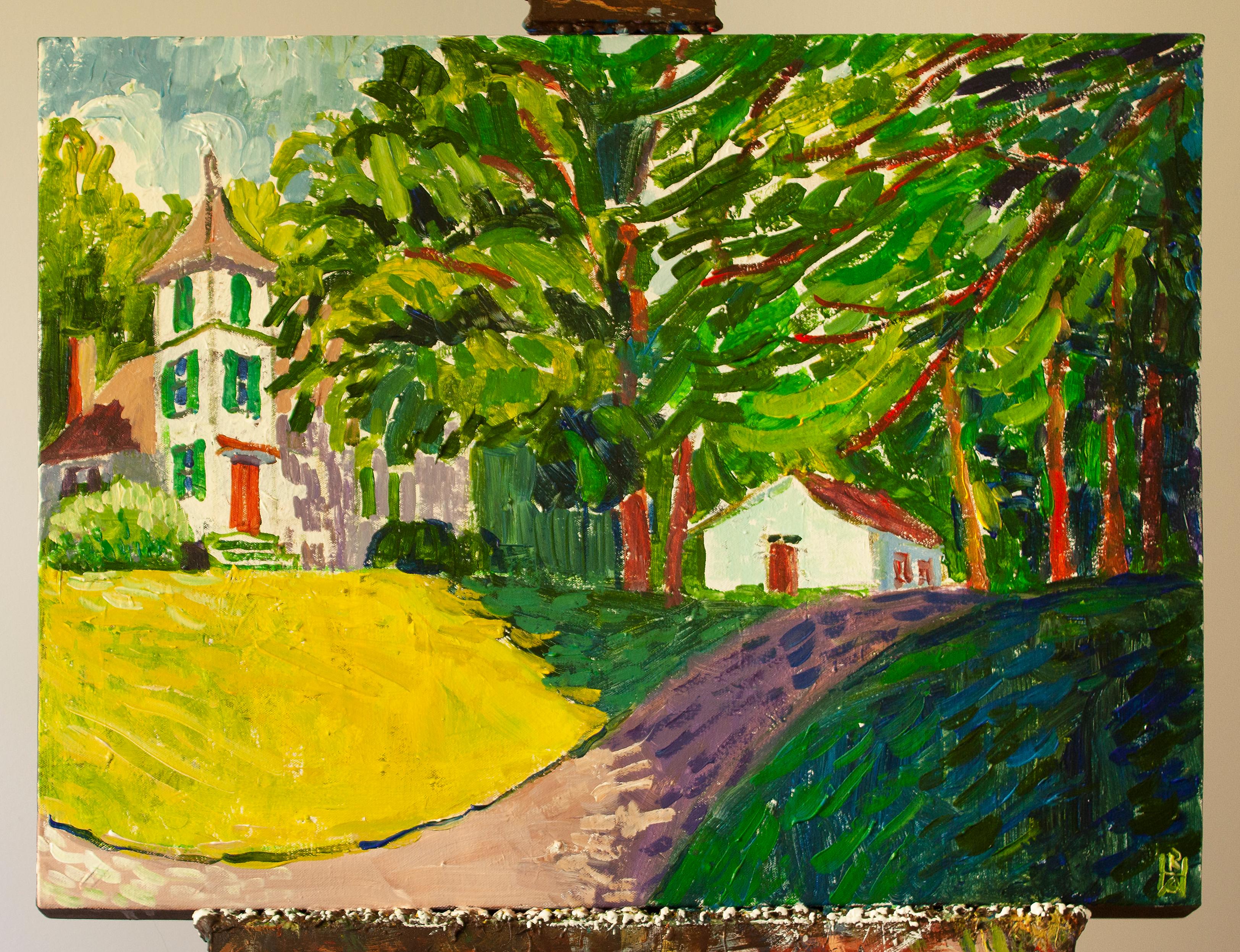 <p>Artist Comments<br />A view of a quiet street in Rumney, New Hampshire, with verdant trees framing a small church and home. 