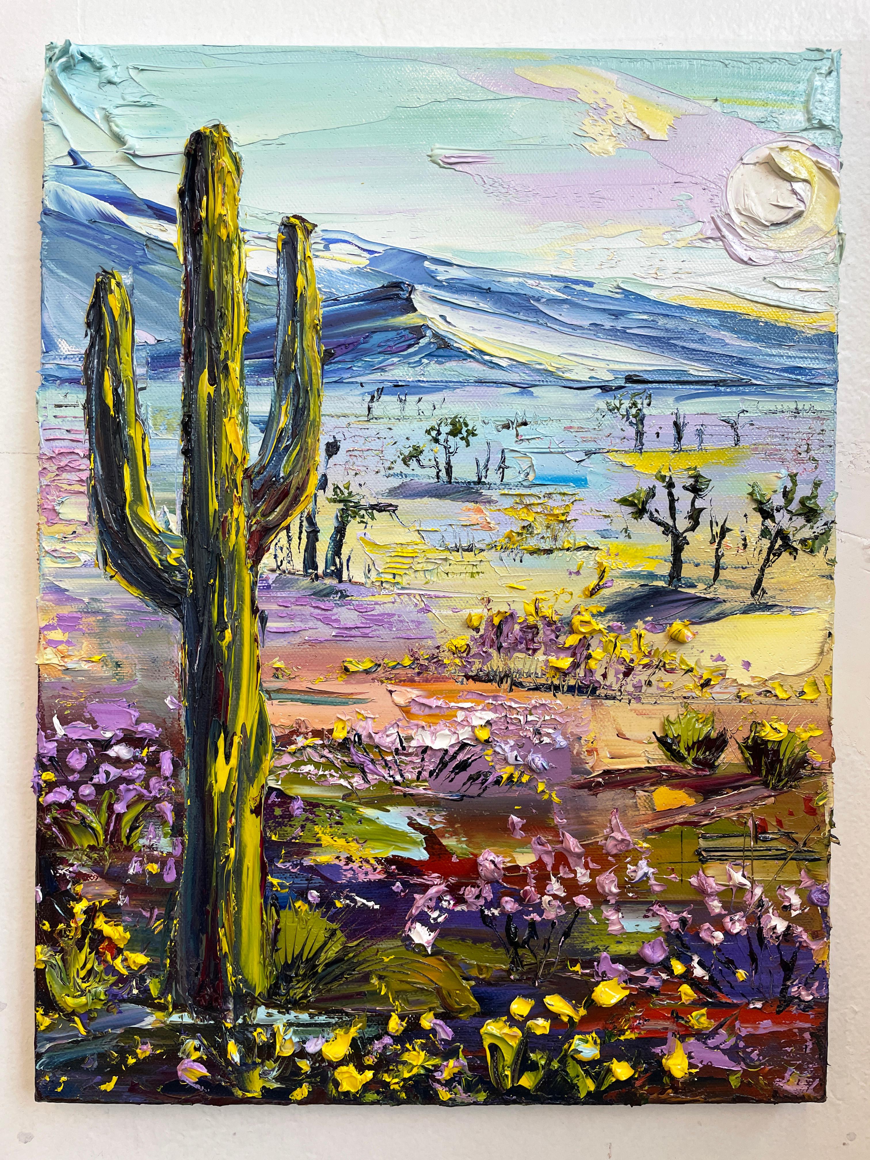 <p>Commentaires de l'artiste<br />Une peinture au couteau à palette à la texture épaisse représentant un vieux cactus saguaro sur fond de désert printanier en fleurs. 