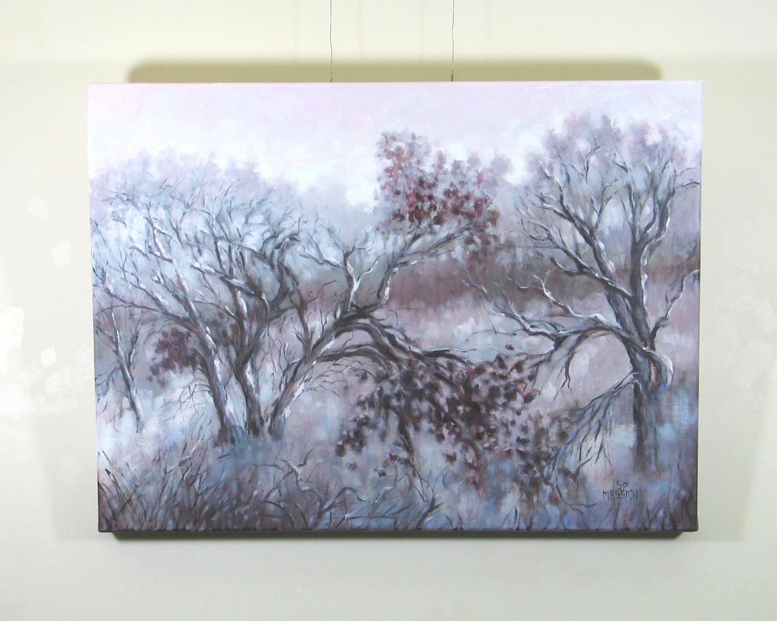 Frozen Oak Medley, Oil Painting - Gray Landscape Painting by Suzanne Massion