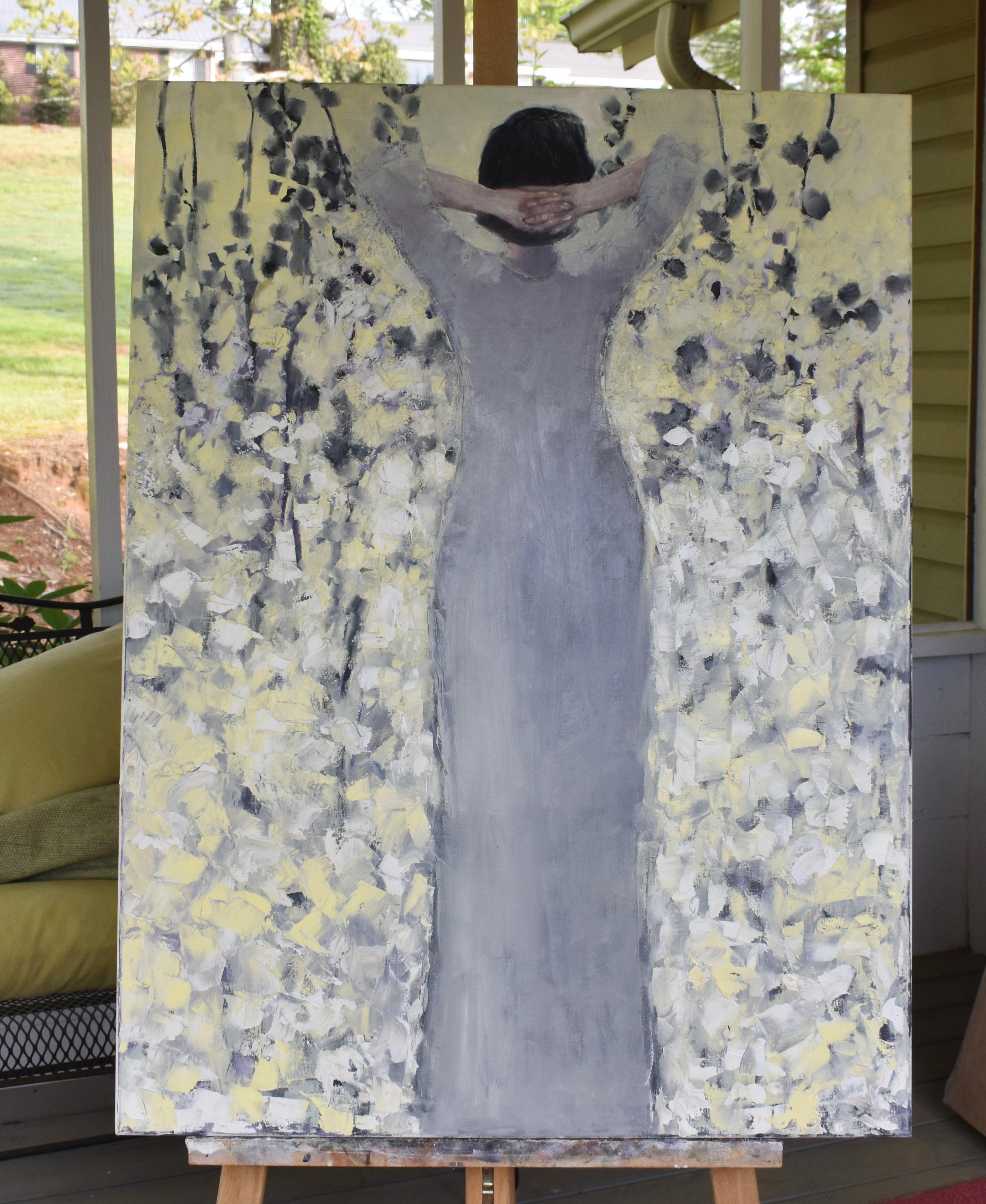 <p>Artist Comments<br />Part of artist Mary Pratt's ongoing Back series. In this figurative piece, Mary surrounds her subject in a primarily soft yellow background, applying texture and movement through the white and gray abstract flowers. 