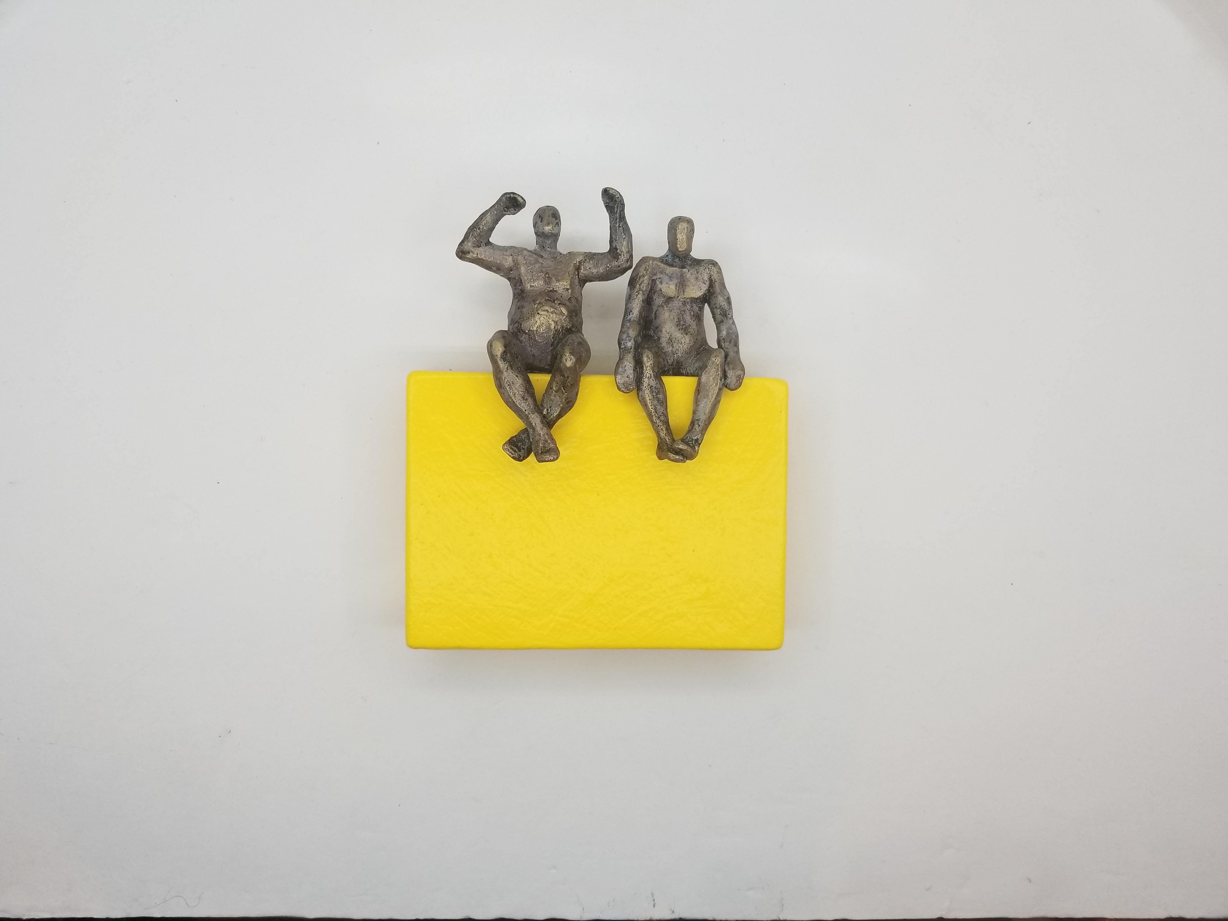 Couple on Yellow Rectangle, Original Painting - Contemporary Mixed Media Art by Yelitza Diaz