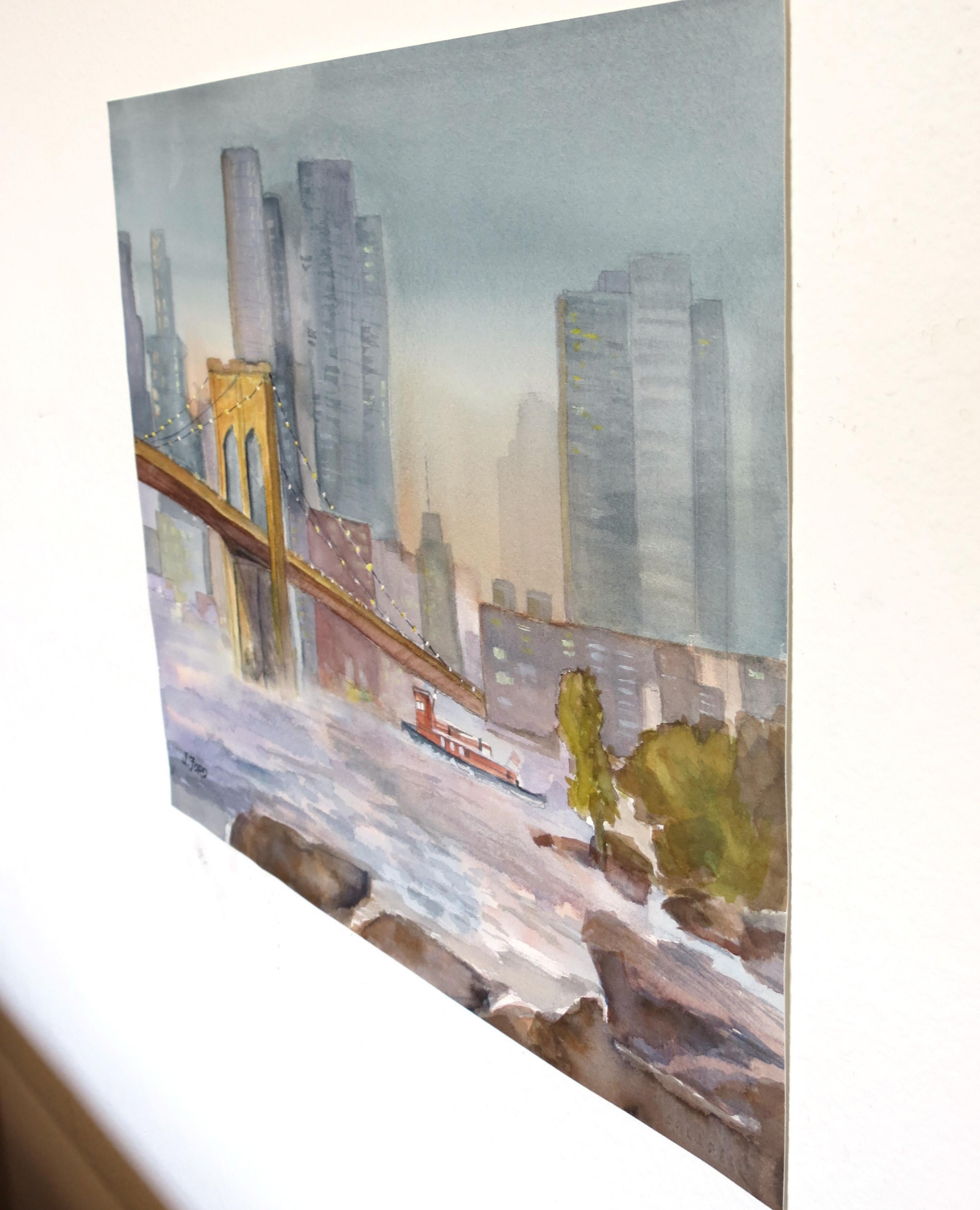 Brooklyn Bridge at Dusk, Original Painting - Art by Joanie Ford