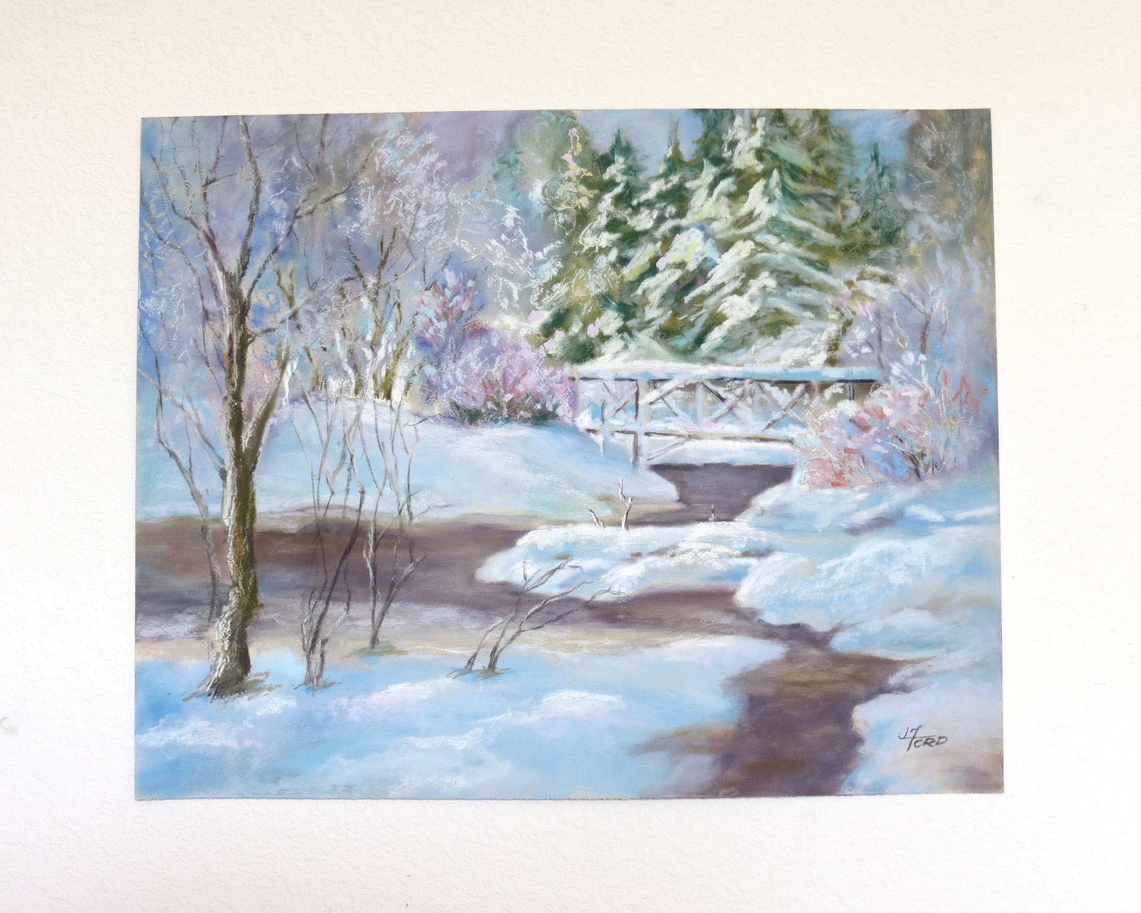 Fresh Snow by the Creek, Original Painting - Abstract Impressionist Art by Joanie Ford