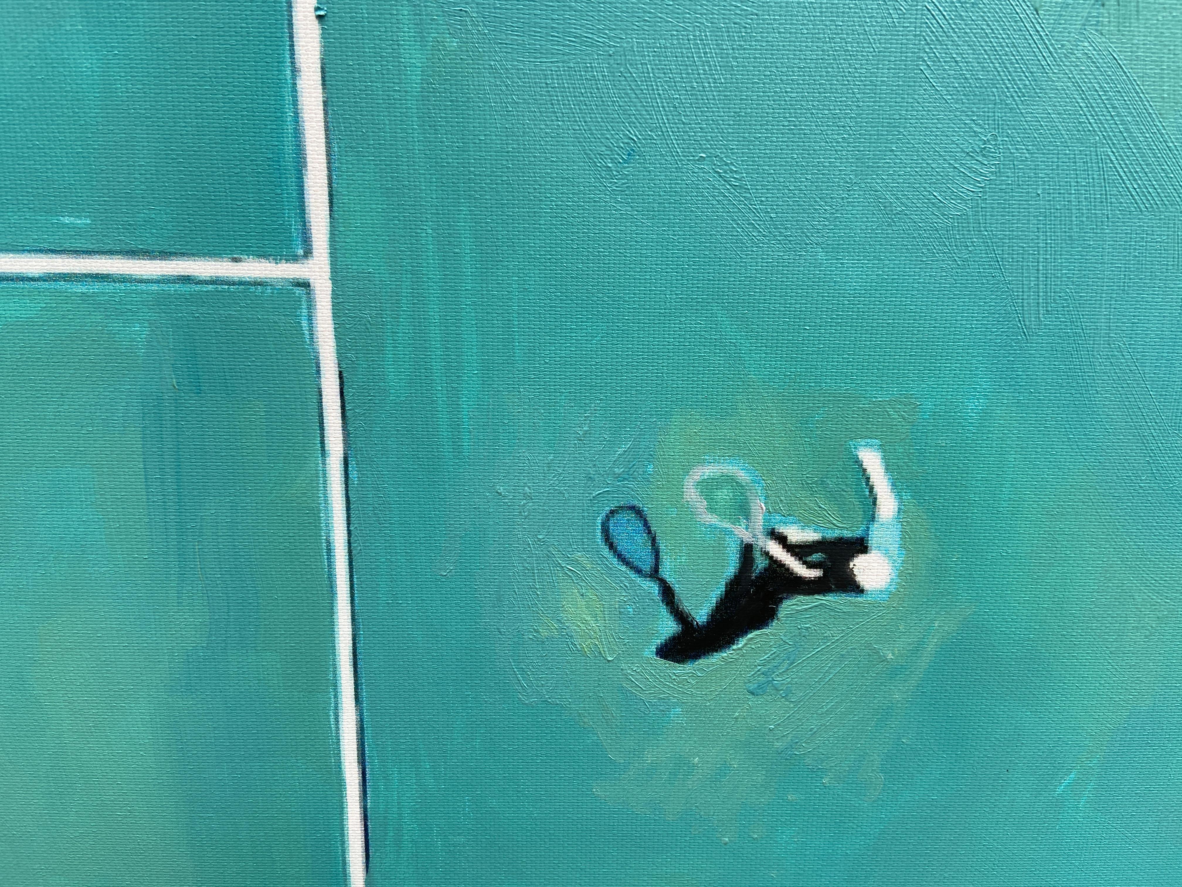 <p>Artist Comments<br />A bird's-eye view of a tennis court with two players in a singles match. Defined shadows appear close to the players, net, and ball, signifying that it is close midday. 