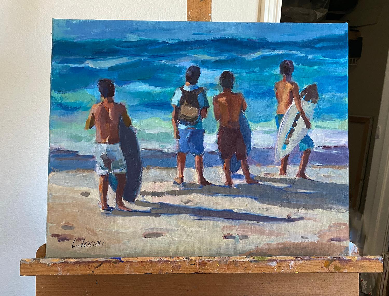 <p>Commentaires de l'artiste<br />Scène ludique de quatre garçons qui s'apprêtent à lancer leur planche de surf dans les eaux fraîches de l'été. Tout en contemplant les vagues qui arrivent, le soleil se déplace dans le ciel en dessinant de longues