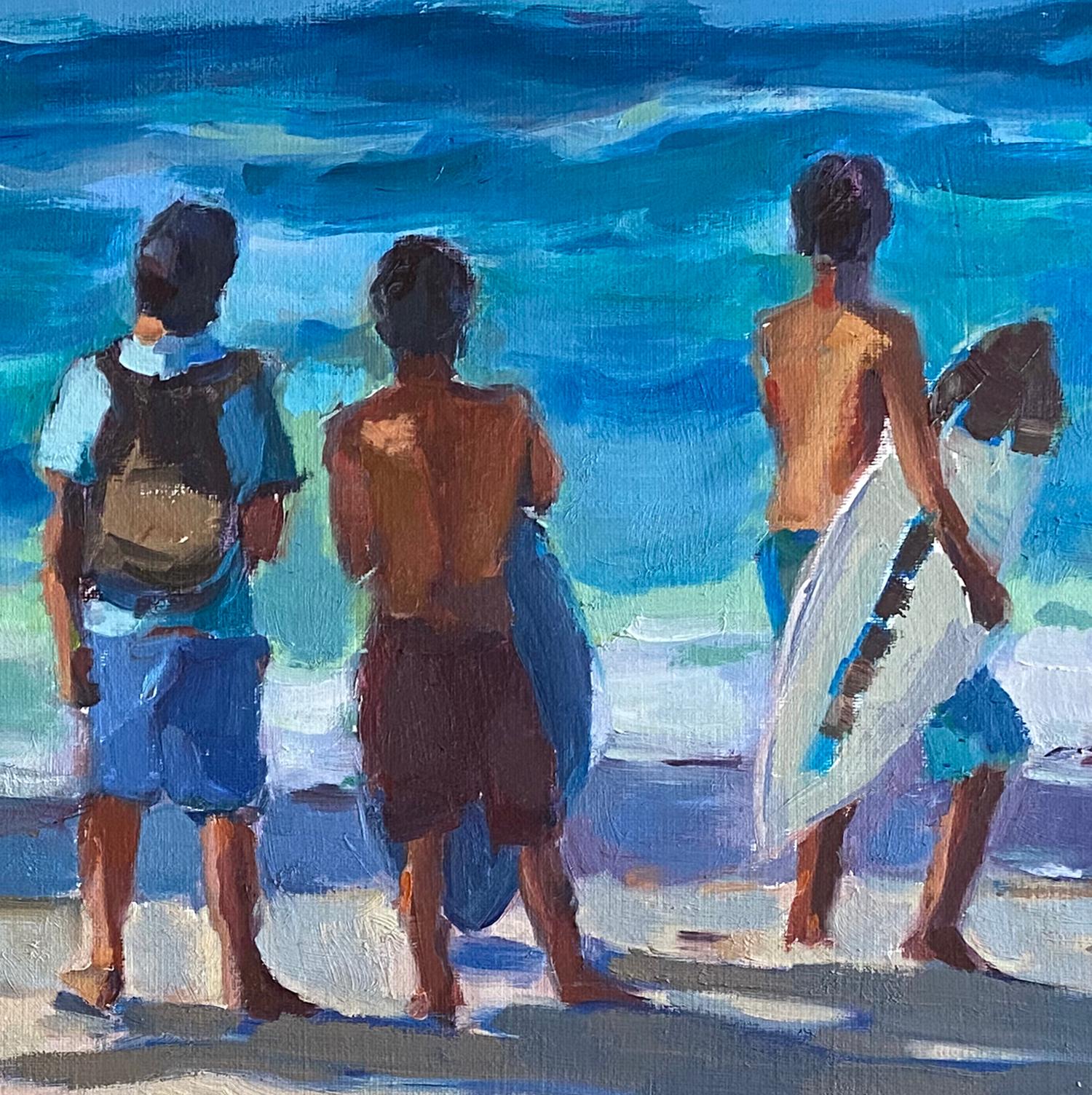 <p>Artist Comments<br />A playful scene of four boys getting ready to take their surfboards into the cool summer waters. While contemplating the incoming waves, the sun moves across the sky drawing long shadows on the sand. 