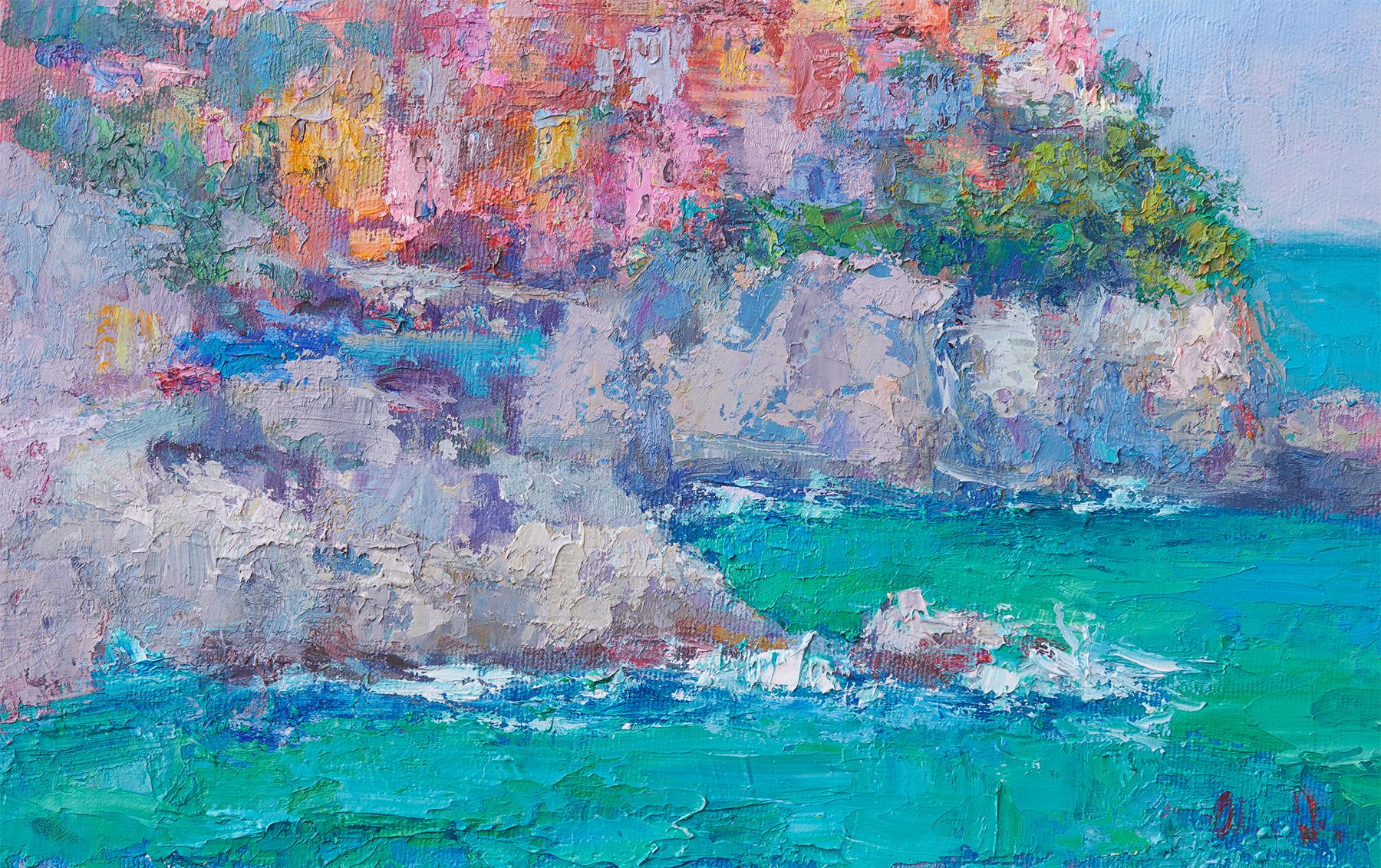 The Village by the Sea, Oil Painting - Blue Landscape Painting by Oksana Johnson