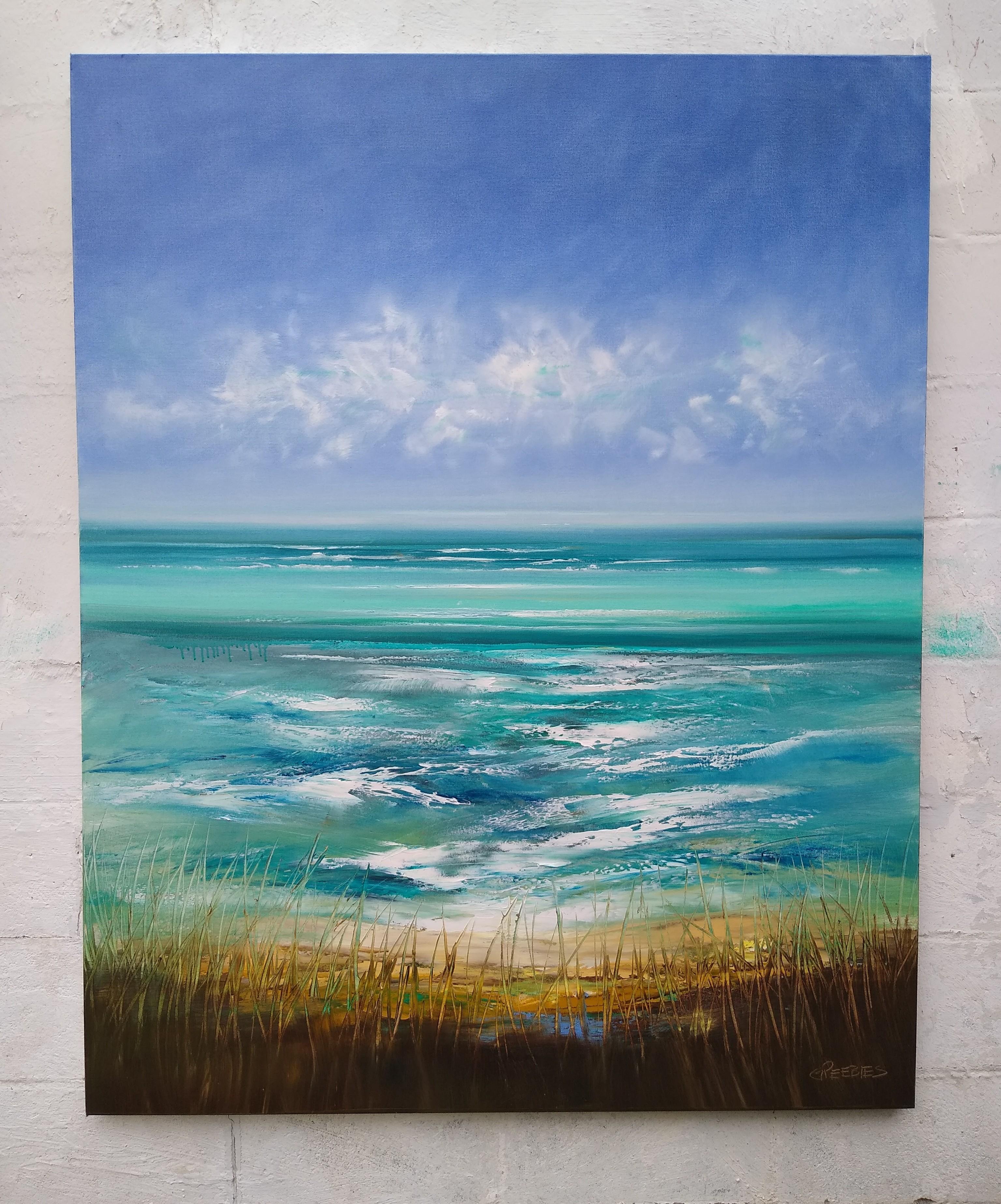 <p>Artist Comments<br />Created with palette knives and paintbrushes, artist George Peebles reveals a view of the vast sea from the shore. Standing on a sandy dune with tall grass, the cool turquoise waters dramatically stretch to the horizon. Soft