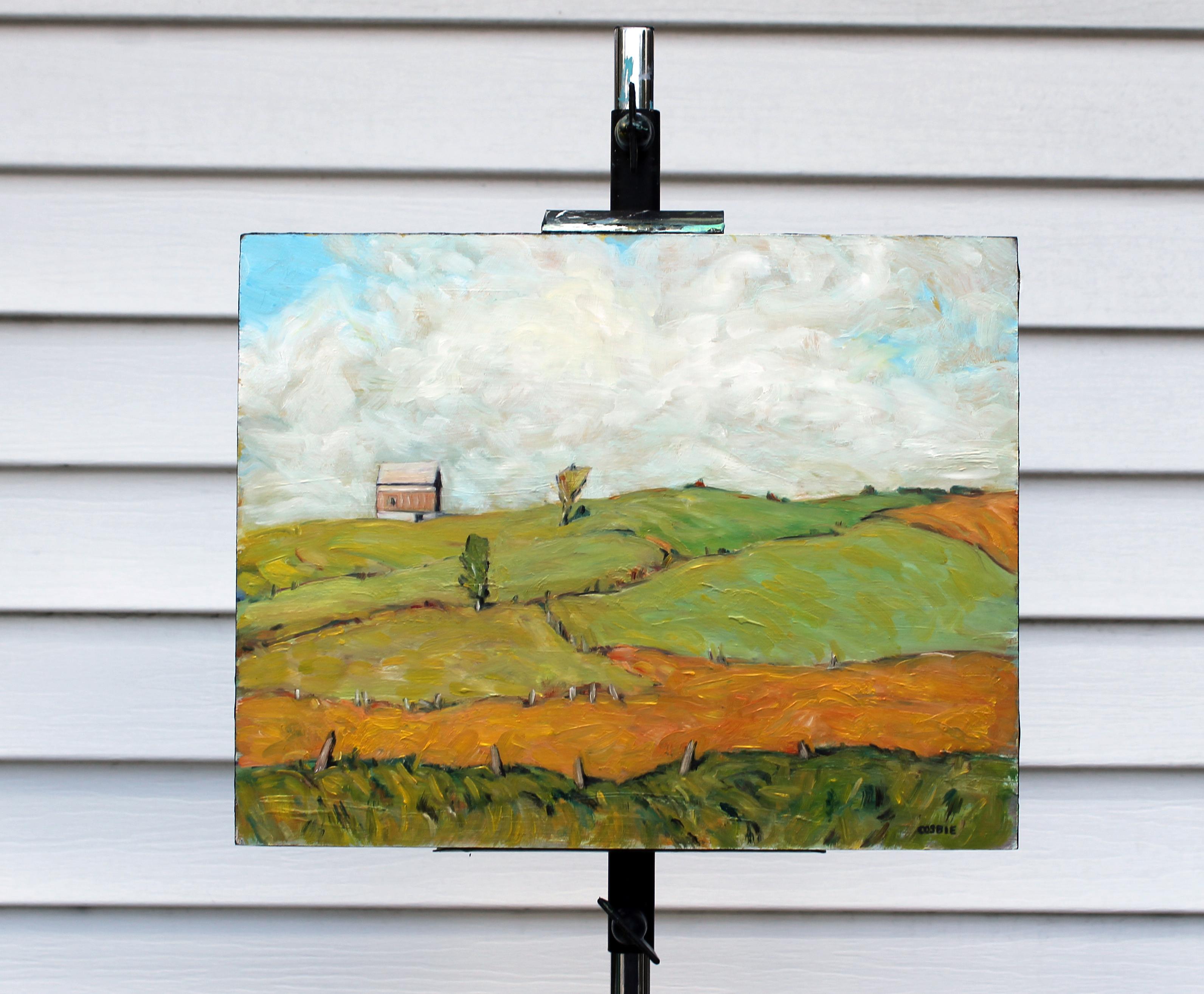 <p>Commentaires de l'artiste<br />Des champs étendus, d'un vert et d'un orange luxuriants, ondulent dans un travail de pinceau fluide. Une grange isolée se trouve sur la gauche, avec en toile de fond des nuages blancs. 