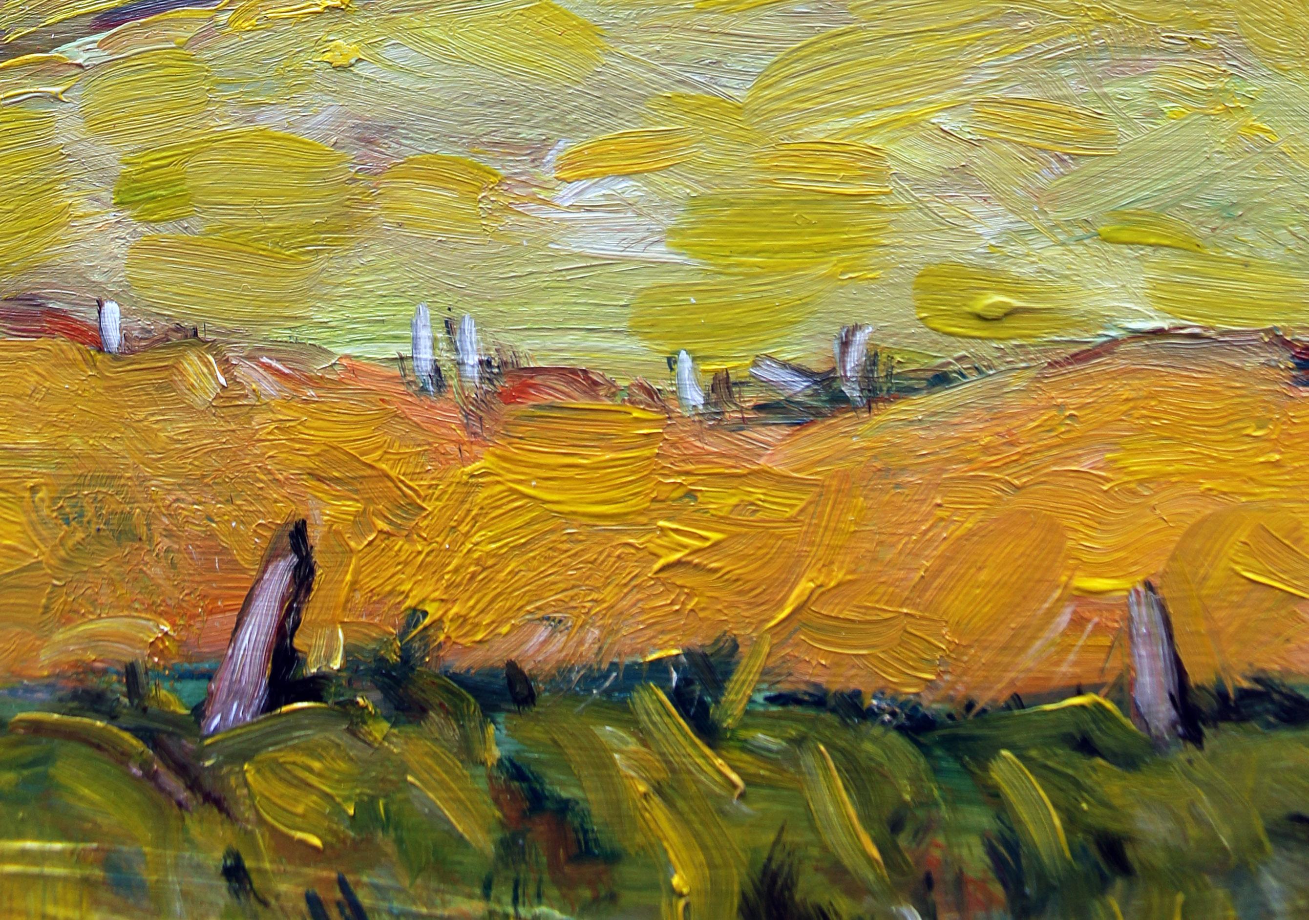 <p>Artist Comments<br />Sprawling fields in lush green and orange undulate in fluid brushwork. A lone barn rests on the left, set against a backdrop of billowing white clouds. 