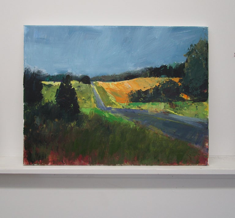 <p>Artist Comments<br />Artist Janet Dyer captures a quiet strip of road in the rolling hills of rural England. Gestural broad strokes of bold and deep colors punctuate the bright orange and green landscape, lending a semi-abstract quality. In this